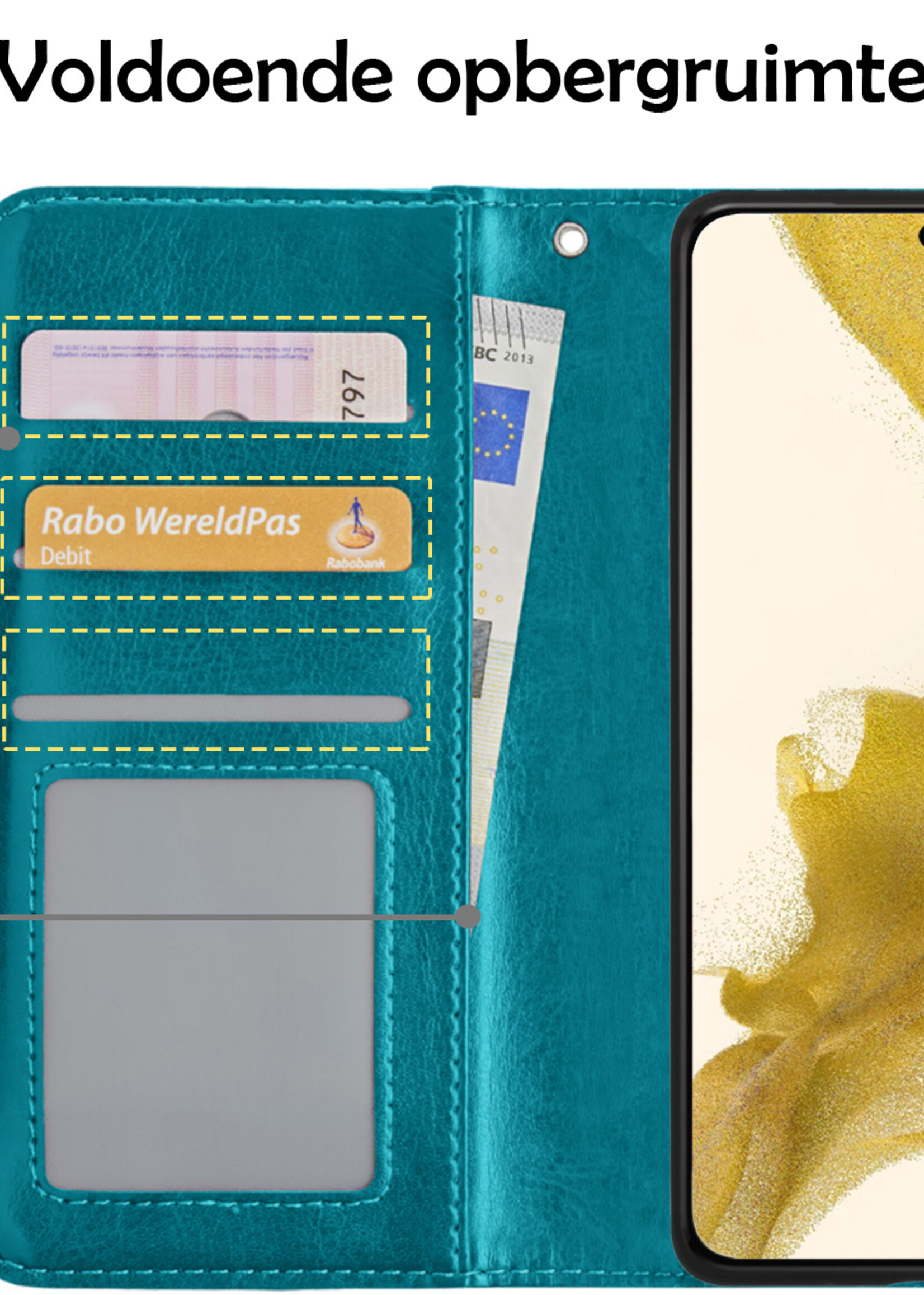 Hoesje Geschikt voor Samsung S22 Hoesje Book Case Hoes Wallet Cover - Hoes Geschikt voor Samsung Galaxy S22 Hoesje Bookcase Hoes - Turquoise