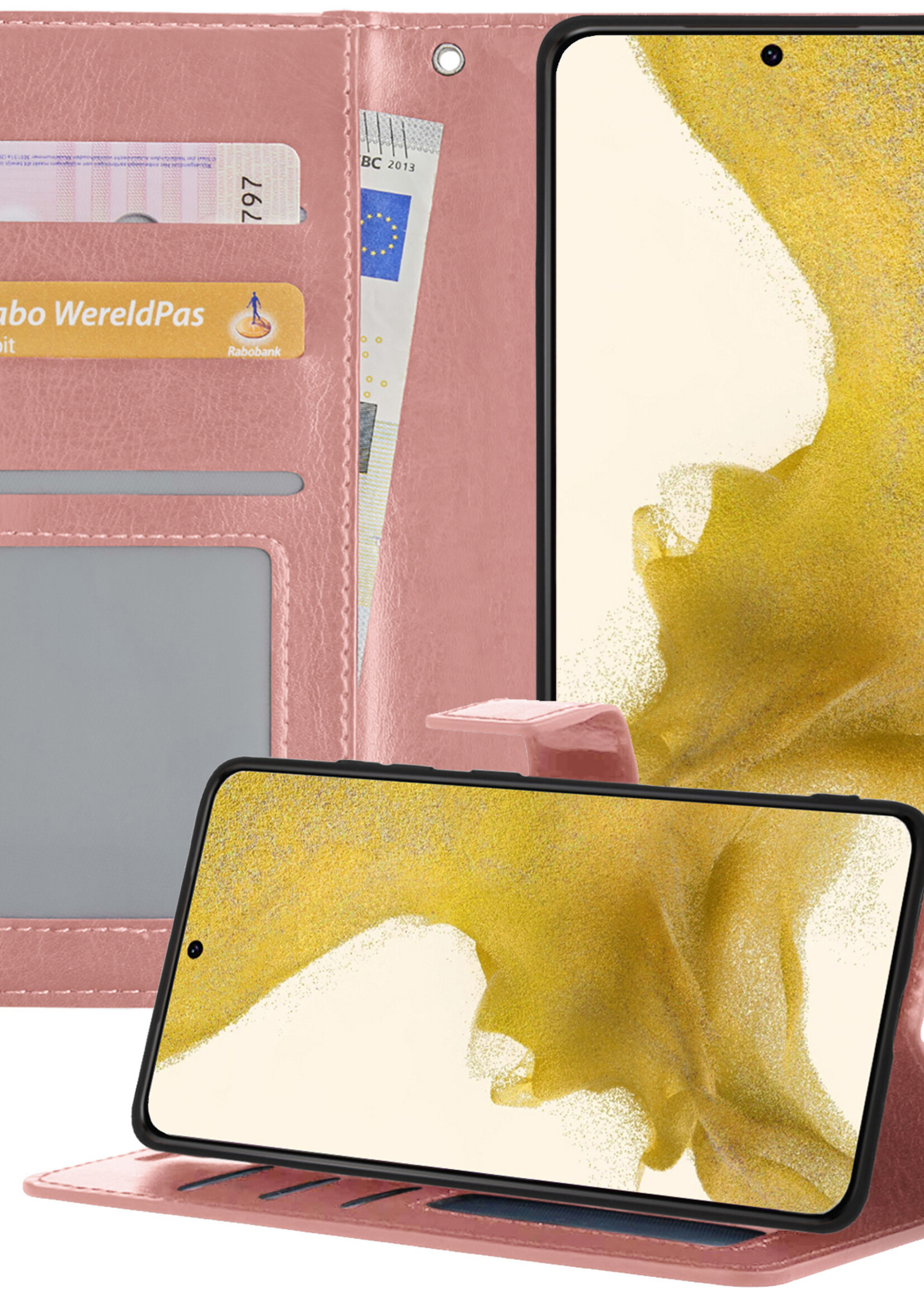 Hoesje Geschikt voor Samsung S22 Plus Hoesje Book Case Hoes Wallet Cover - Hoes Geschikt voor Samsung Galaxy S22 Plus Hoesje Bookcase Hoes - Rosé goud