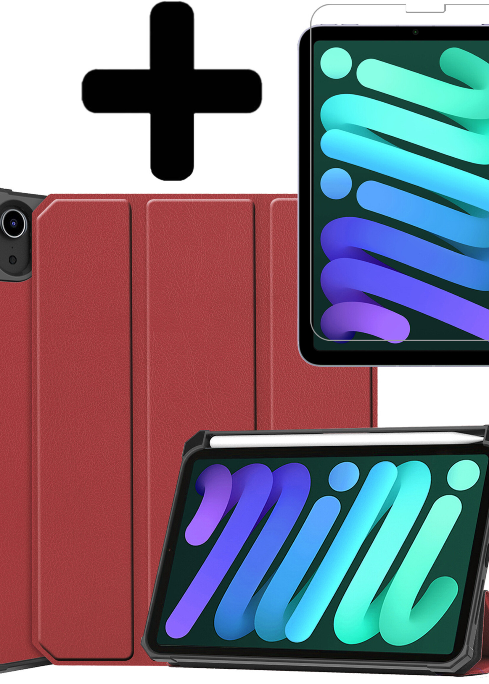 LUQ Hoes Geschikt voor iPad Mini 6 Hoes Luxe Hoesje Case Met Uitsparing Geschikt voor Apple Pencil Met Screenprotector - Hoesje Geschikt voor iPad Mini 6 Hoes Cover - Donkerrood