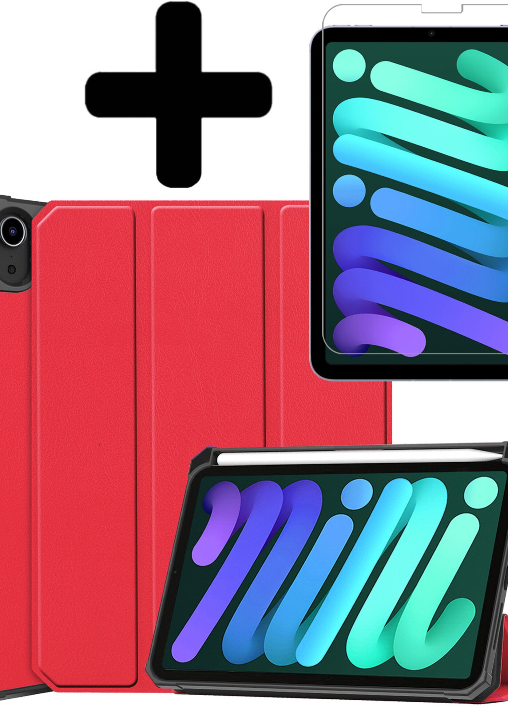 LUQ Hoes Geschikt voor iPad Mini 6 Hoes Luxe Hoesje Case Met Uitsparing Geschikt voor Apple Pencil Met Screenprotector - Hoesje Geschikt voor iPad Mini 6 Hoes Cover - Rood