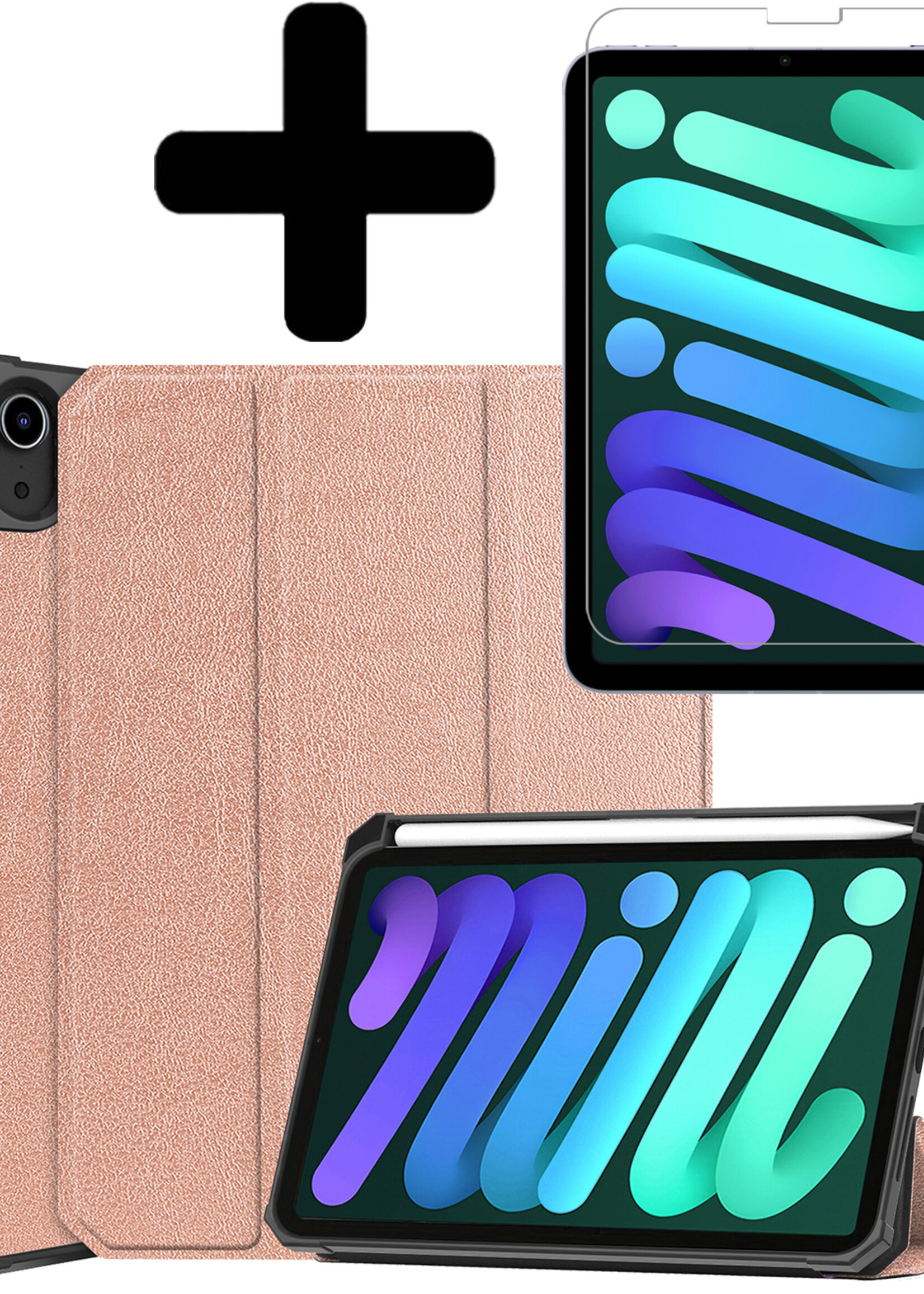 LUQ Hoes Geschikt voor iPad Mini 6 Hoes Luxe Hoesje Case Met Uitsparing Geschikt voor Apple Pencil Met Screenprotector - Hoesje Geschikt voor iPad Mini 6 Hoes Cover - Rosé goud