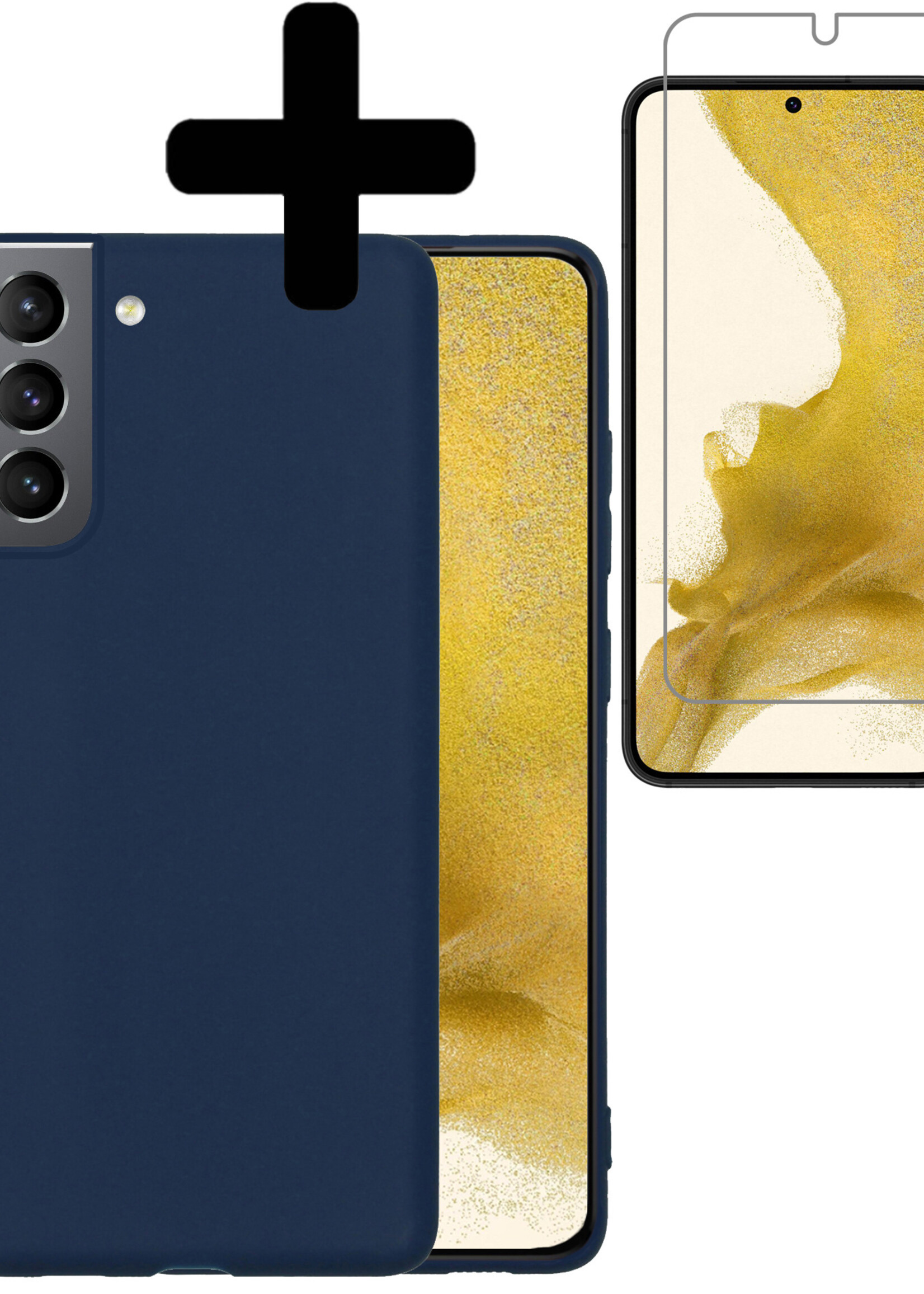 LUQ Hoesje Geschikt voor Samsung S22 Hoesje Siliconen Case Met Screenprotector - Hoes Geschikt voor Samsung Galaxy S22 Hoes Siliconen - Donkerblauw