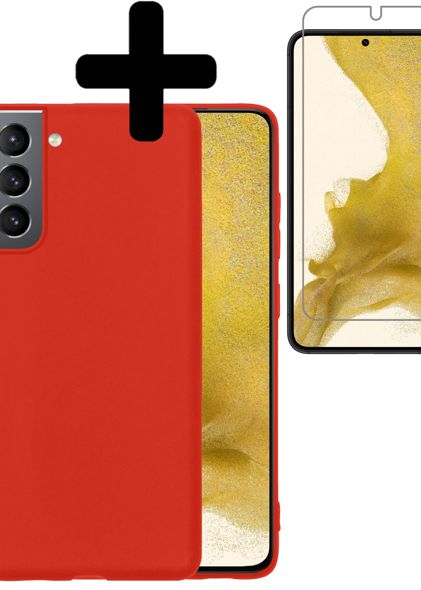 LUQ Hoesje Geschikt voor Samsung S22 Hoesje Siliconen Case Met Screenprotector - Hoes Geschikt voor Samsung Galaxy S22 Hoes Siliconen - Rood