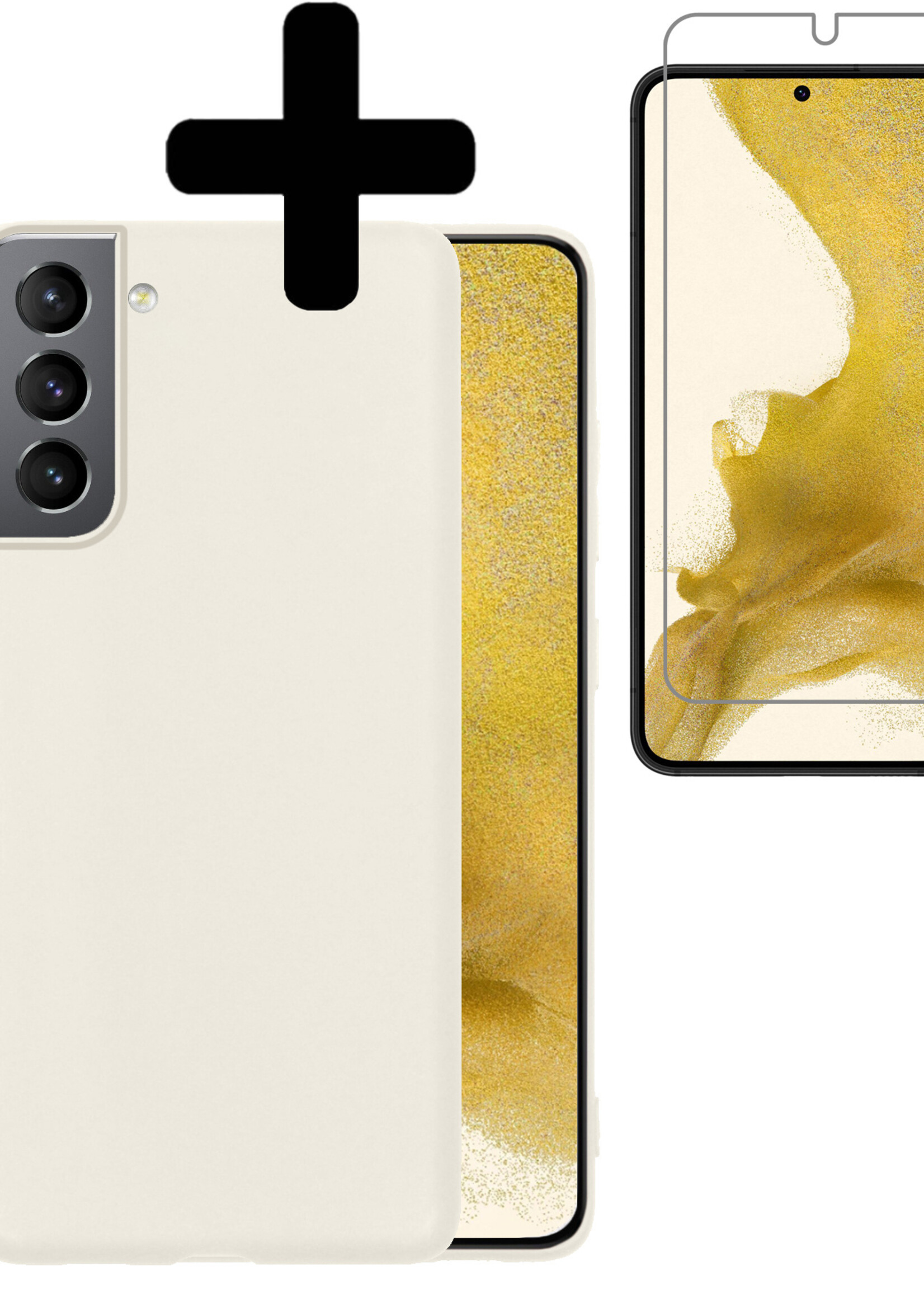 LUQ Hoesje Geschikt voor Samsung S22 Hoesje Siliconen Case Met Screenprotector - Hoes Geschikt voor Samsung Galaxy S22 Hoes Siliconen - Wit