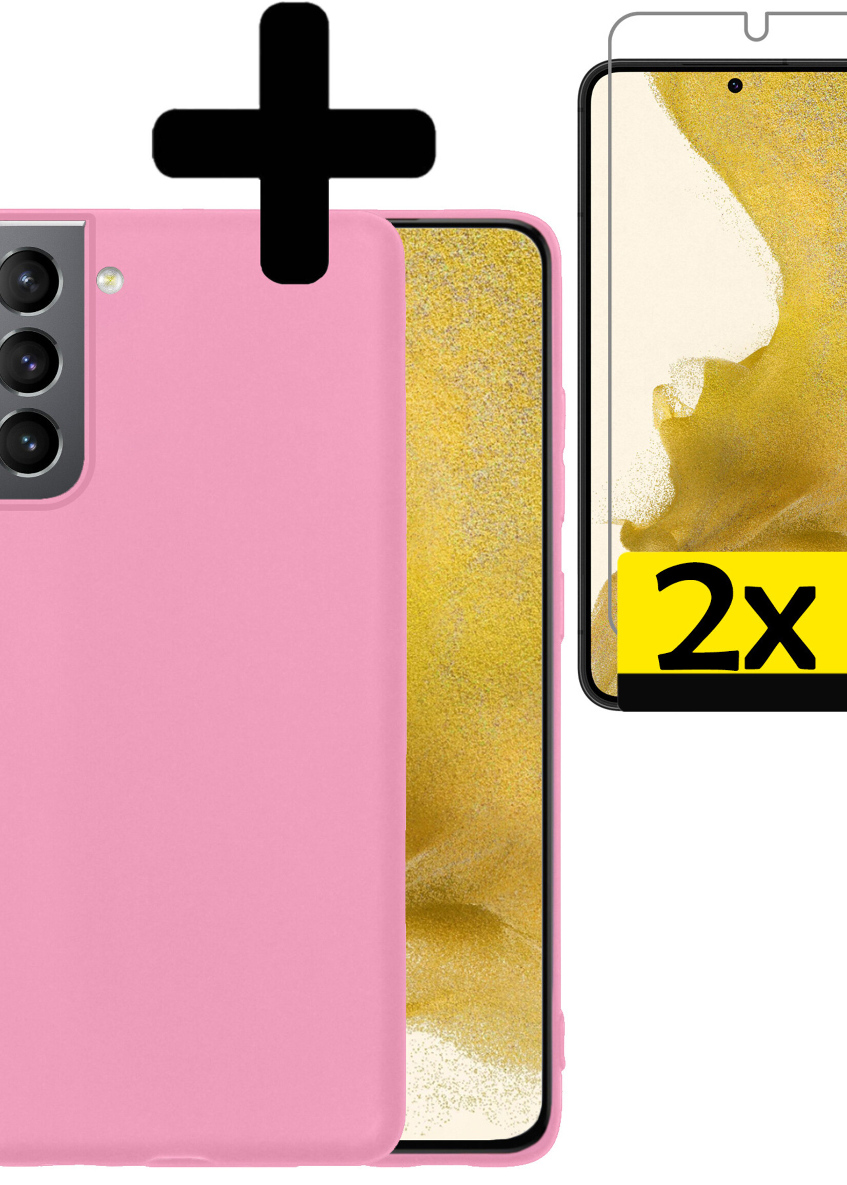 LUQ Hoesje Geschikt voor Samsung S22 Hoesje Siliconen Case Met 2x Screenprotector - Hoes Geschikt voor Samsung Galaxy S22 Hoes Siliconen - Lichtroze