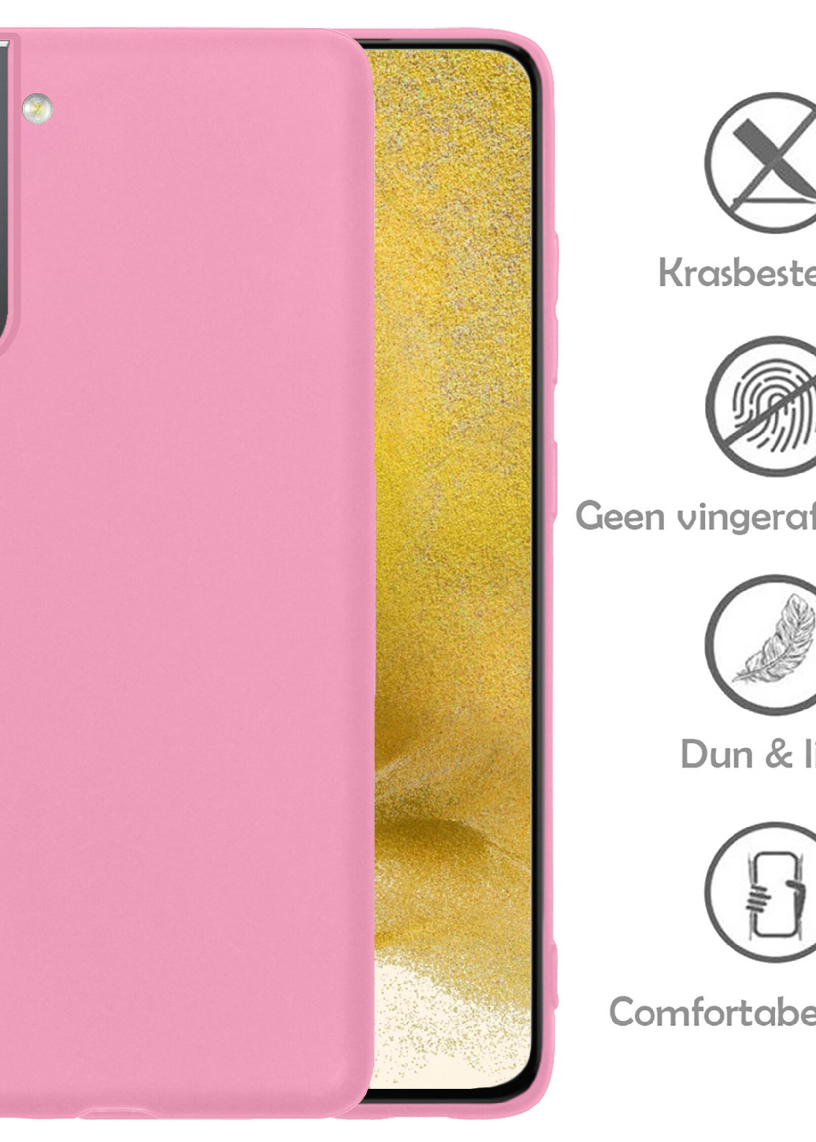 LUQ Hoesje Geschikt voor Samsung S22 Hoesje Siliconen Case Met 2x Screenprotector - Hoes Geschikt voor Samsung Galaxy S22 Hoes Siliconen - Lichtroze