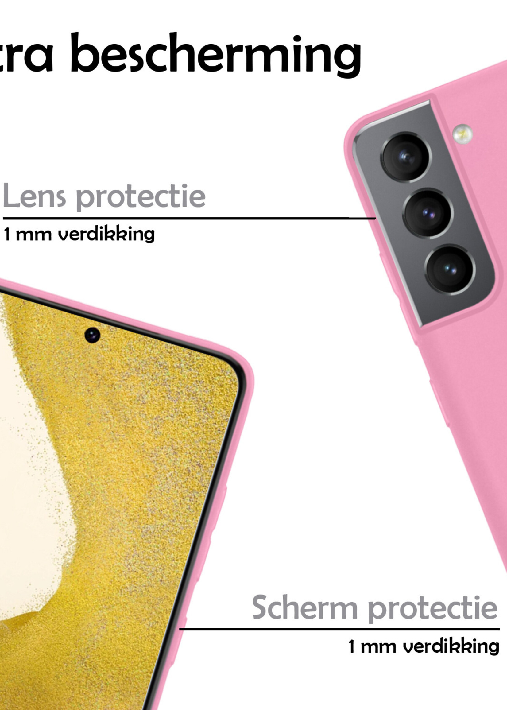 LUQ Hoesje Geschikt voor Samsung S22 Hoesje Siliconen Case Met 2x Screenprotector - Hoes Geschikt voor Samsung Galaxy S22 Hoes Siliconen - Lichtroze