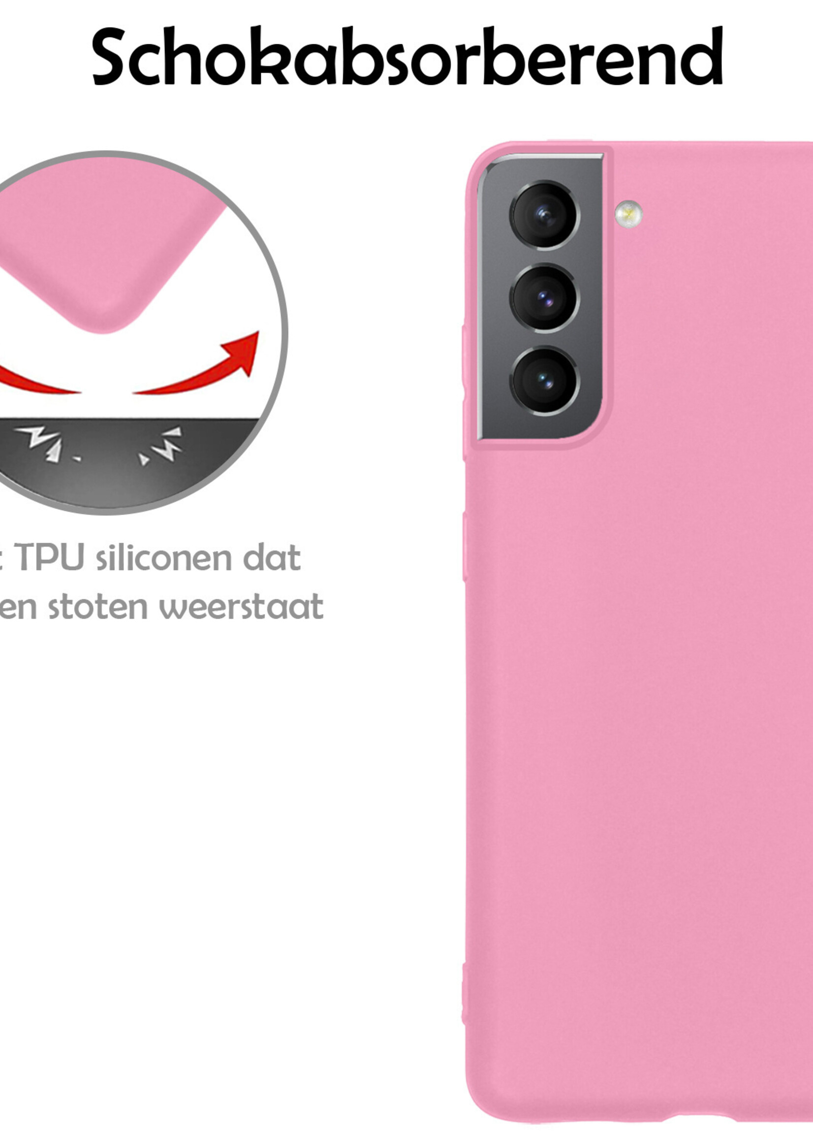 LUQ Hoesje Geschikt voor Samsung S22 Hoesje Siliconen Case Met 2x Screenprotector - Hoes Geschikt voor Samsung Galaxy S22 Hoes Siliconen - Lichtroze