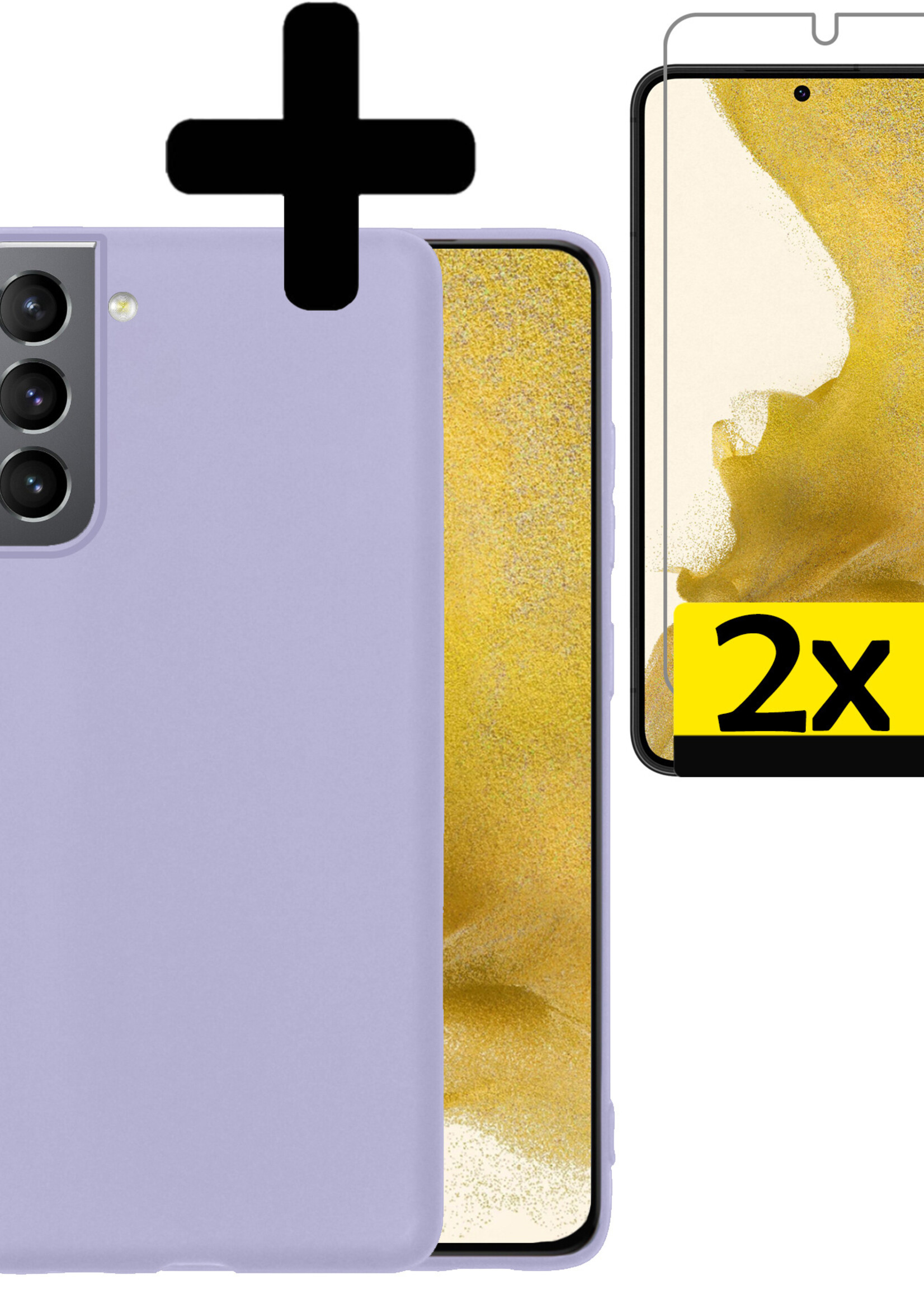 Hoesje Geschikt voor Samsung S22 Hoesje Siliconen Case Met 2x Screenprotector - Hoes Geschikt voor Samsung Galaxy S22 Hoes Siliconen - Lila