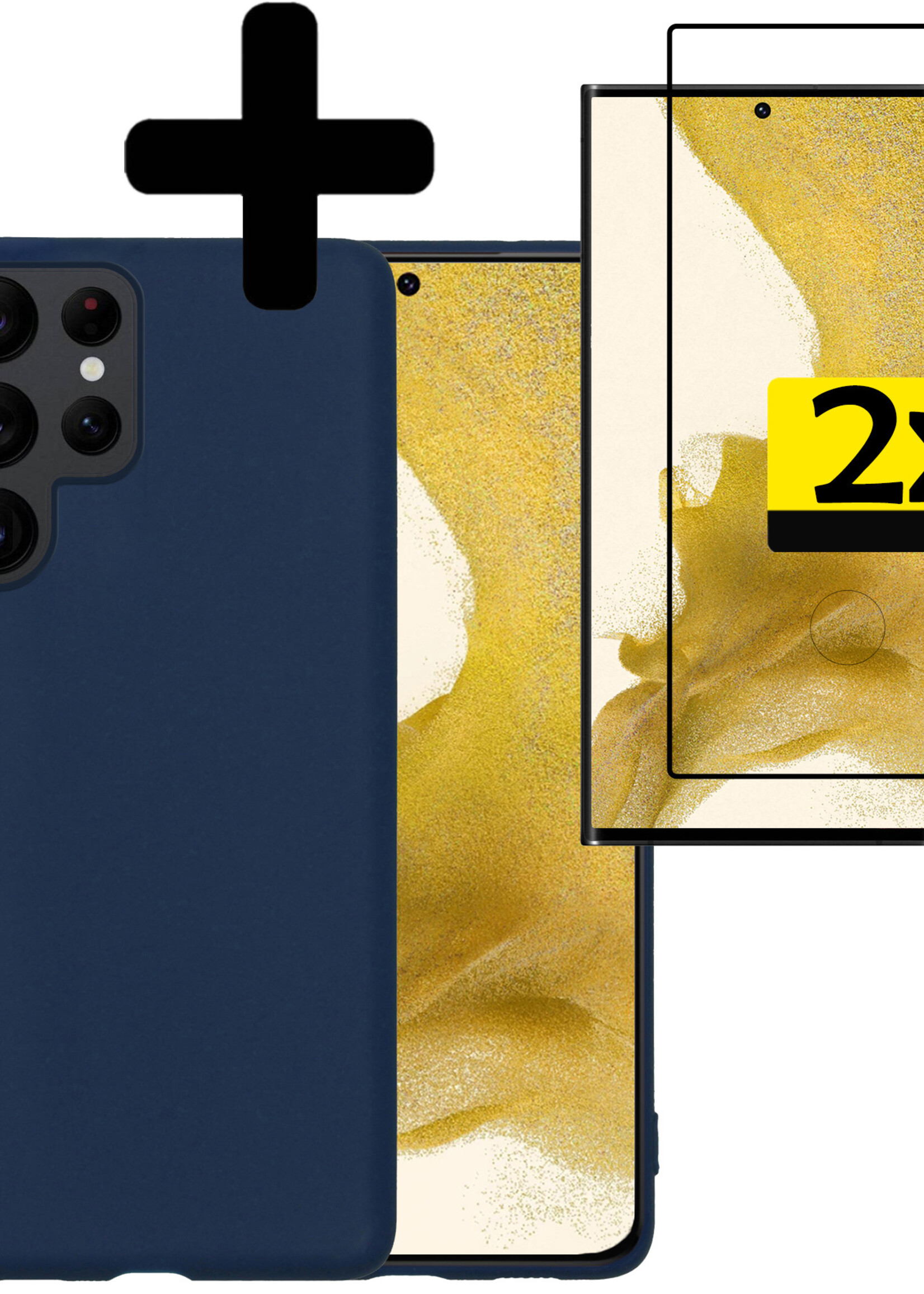 LUQ Hoesje Geschikt voor Samsung S22 Ultra Hoesje Siliconen Case Met 2x Screenprotector - Hoes Geschikt voor Samsung Galaxy S22 Ultra Hoes Siliconen - Donkerblauw