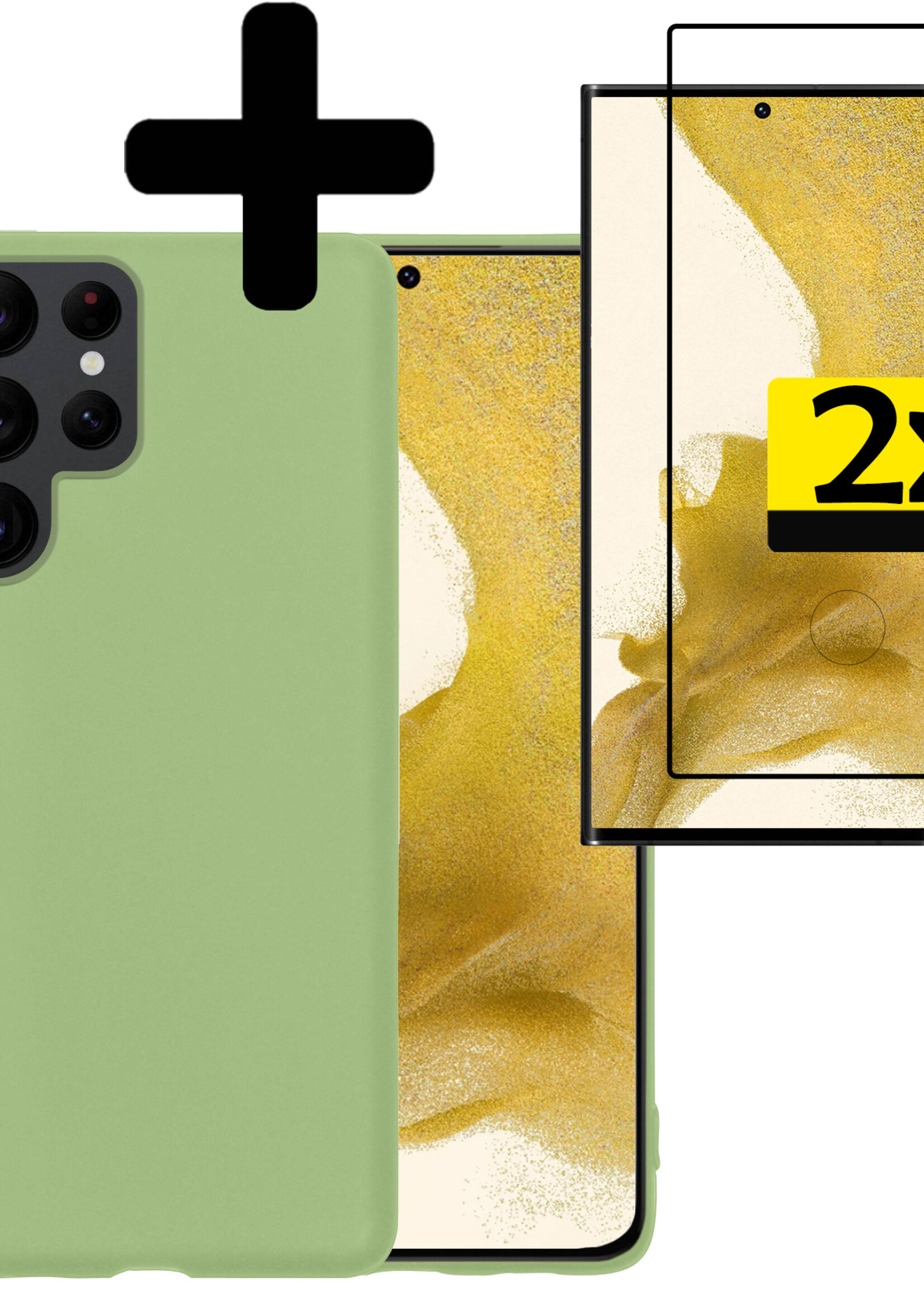 Hoesje Geschikt voor Samsung S22 Ultra Hoesje Siliconen Case Met 2x Screenprotector - Hoes Geschikt voor Samsung Galaxy S22 Ultra Hoes Siliconen - Groen