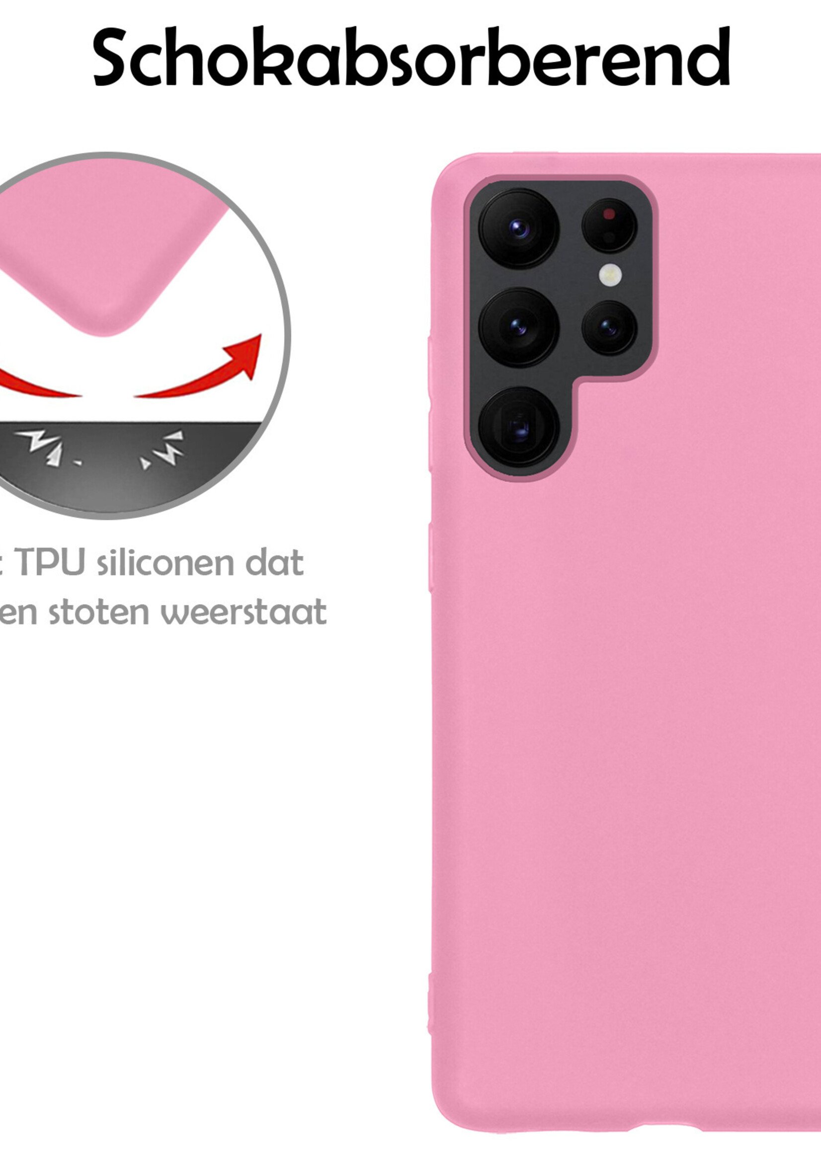 LUQ Hoesje Geschikt voor Samsung S22 Ultra Hoesje Siliconen Case Met 2x Screenprotector - Hoes Geschikt voor Samsung Galaxy S22 Ultra Hoes Siliconen - Lichtroze