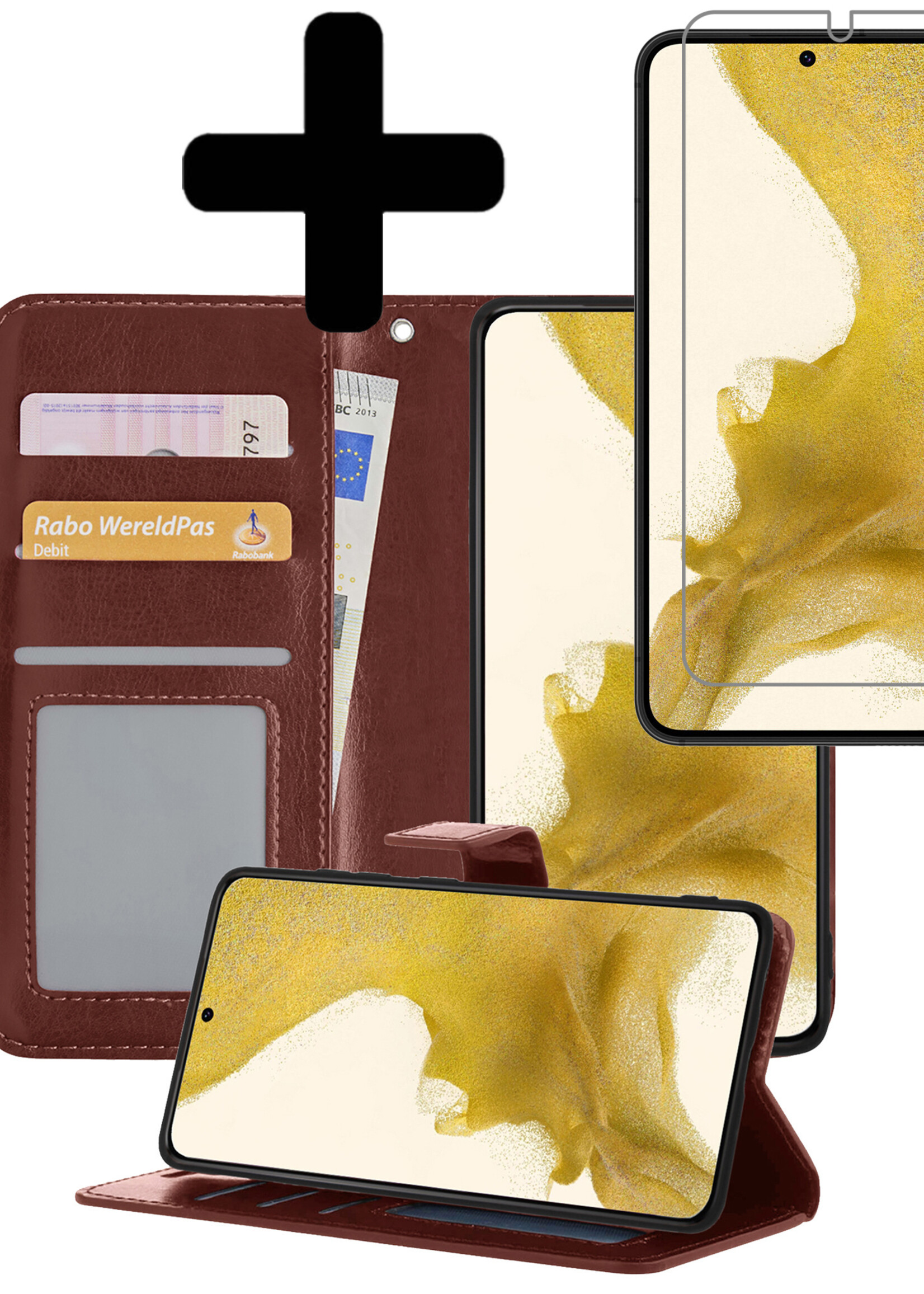LUQ Hoesje Geschikt voor Samsung S22 Hoesje Book Case Hoes Wallet Cover Met Screenprotector - Hoes Geschikt voor Samsung Galaxy S22 Hoesje Bookcase Hoes - Bruin