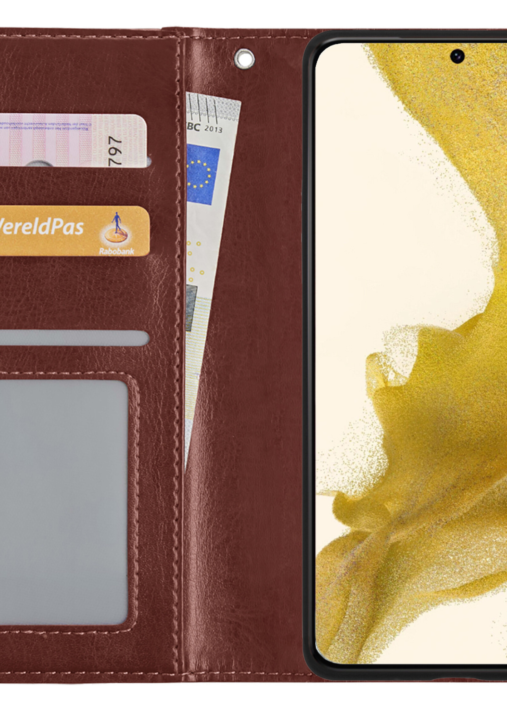 LUQ Hoesje Geschikt voor Samsung S22 Hoesje Book Case Hoes Wallet Cover Met Screenprotector - Hoes Geschikt voor Samsung Galaxy S22 Hoesje Bookcase Hoes - Bruin