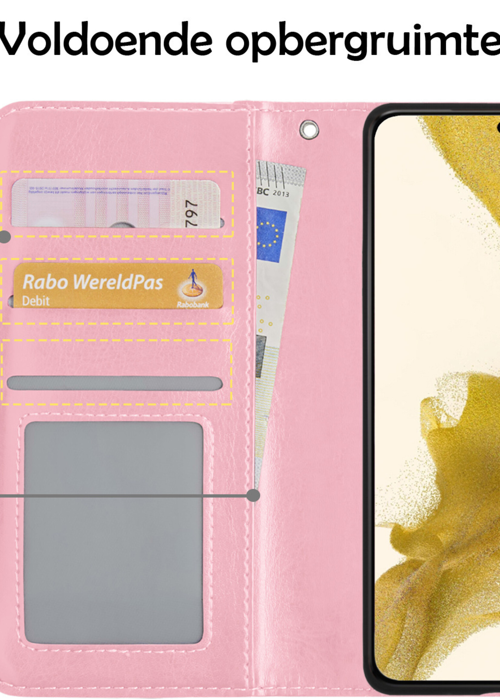 LUQ Hoesje Geschikt voor Samsung S22 Hoesje Book Case Hoes Wallet Cover Met Screenprotector - Hoes Geschikt voor Samsung Galaxy S22 Hoesje Bookcase Hoes - Lichtroze