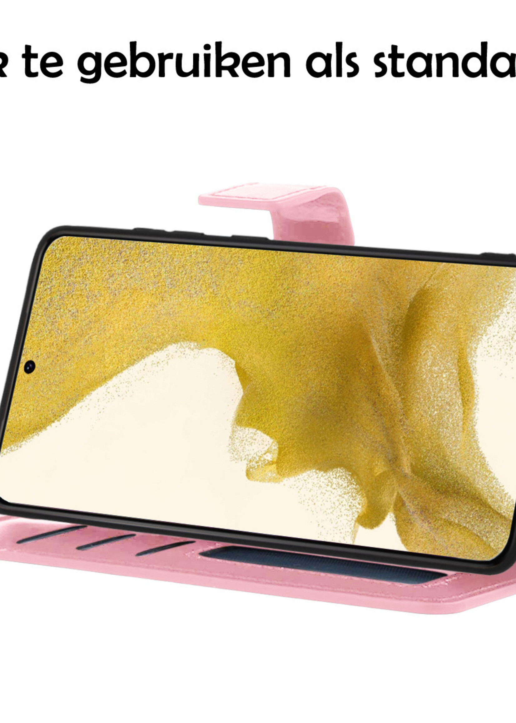 LUQ Hoesje Geschikt voor Samsung S22 Hoesje Book Case Hoes Wallet Cover Met Screenprotector - Hoes Geschikt voor Samsung Galaxy S22 Hoesje Bookcase Hoes - Lichtroze