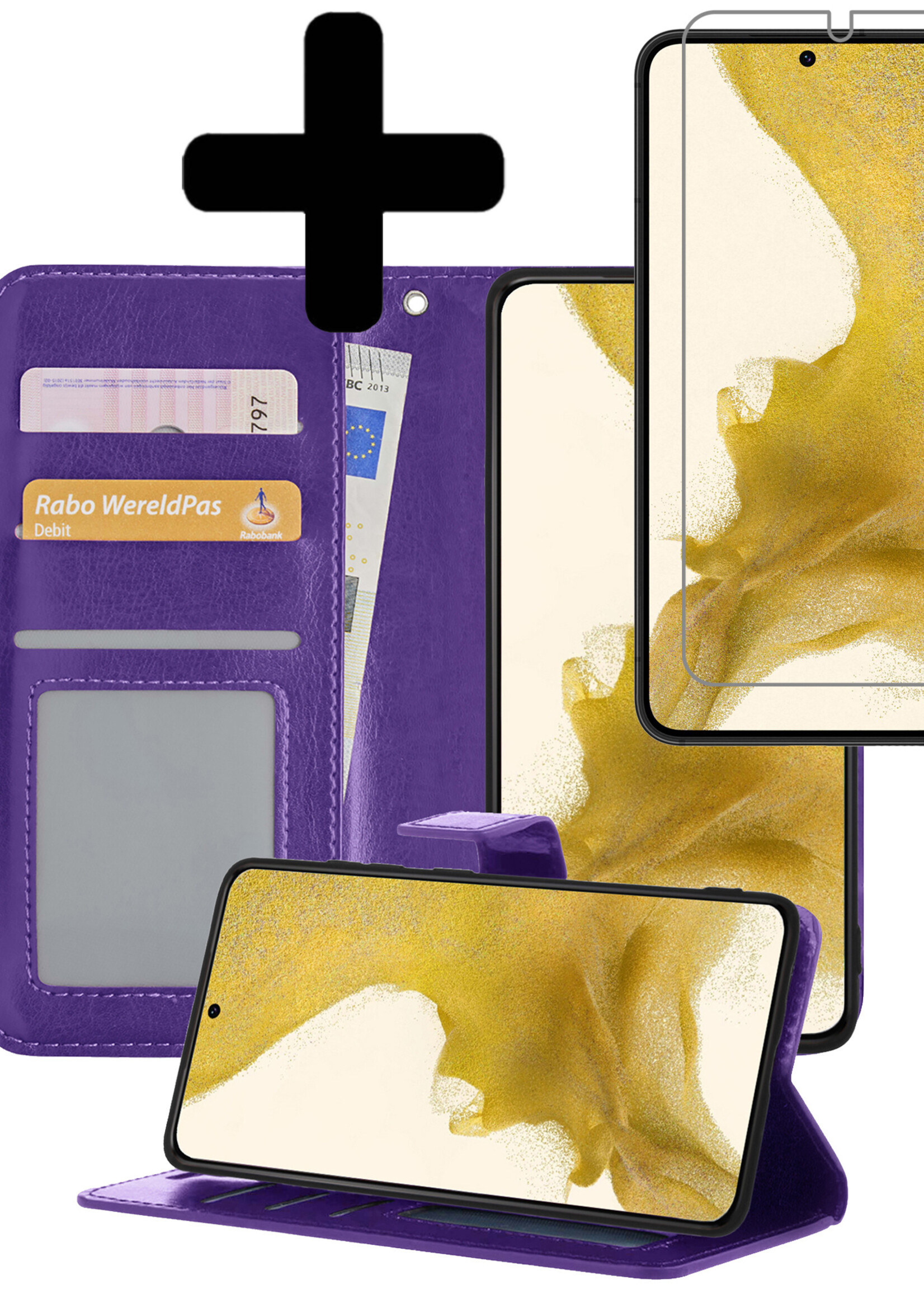 LUQ Hoesje Geschikt voor Samsung S22 Hoesje Book Case Hoes Wallet Cover Met Screenprotector - Hoes Geschikt voor Samsung Galaxy S22 Hoesje Bookcase Hoes - Paars