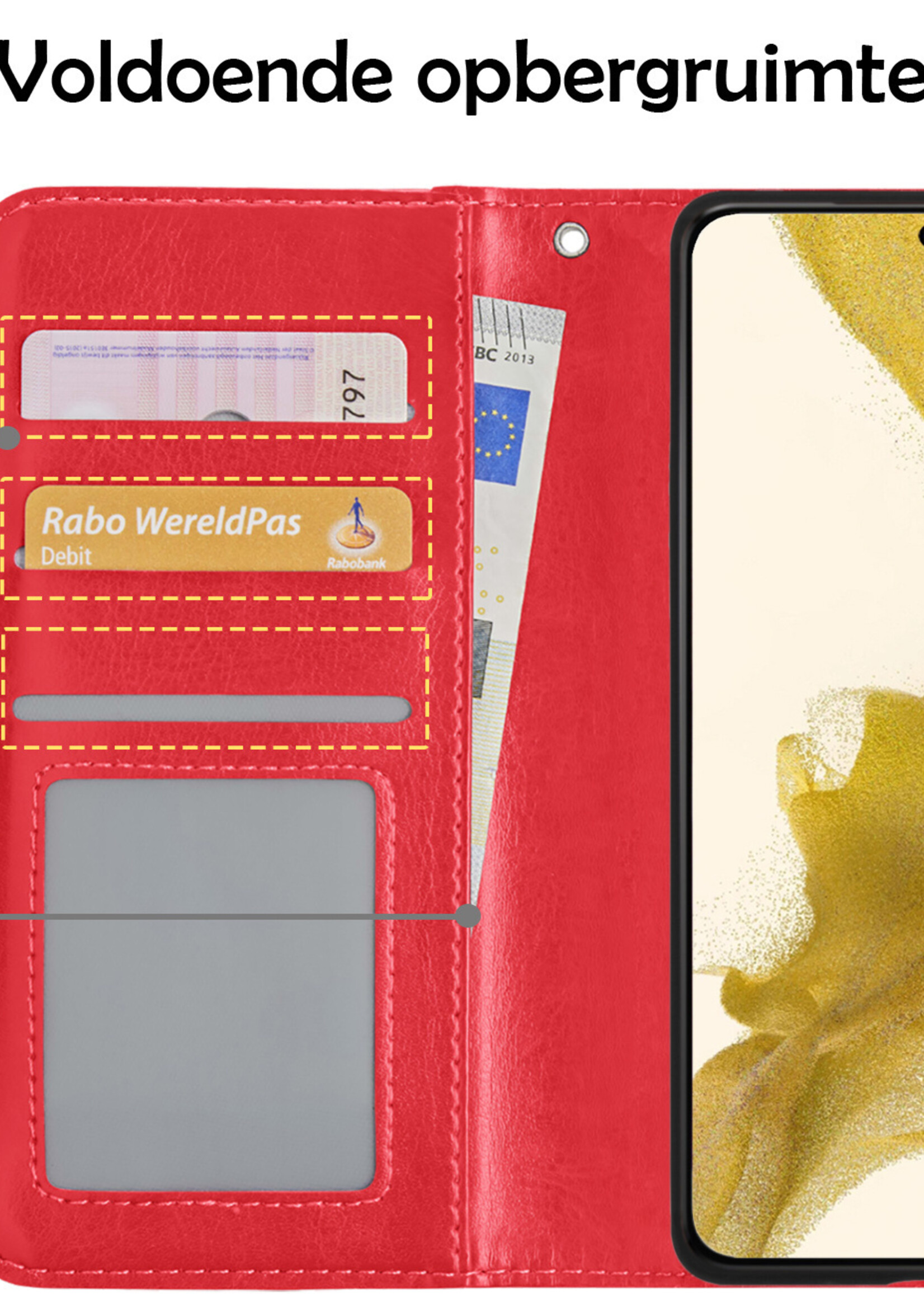 Hoesje Geschikt voor Samsung S22 Hoesje Book Case Hoes Wallet Cover Met Screenprotector - Hoes Geschikt voor Samsung Galaxy S22 Hoesje Bookcase Hoes - Rood