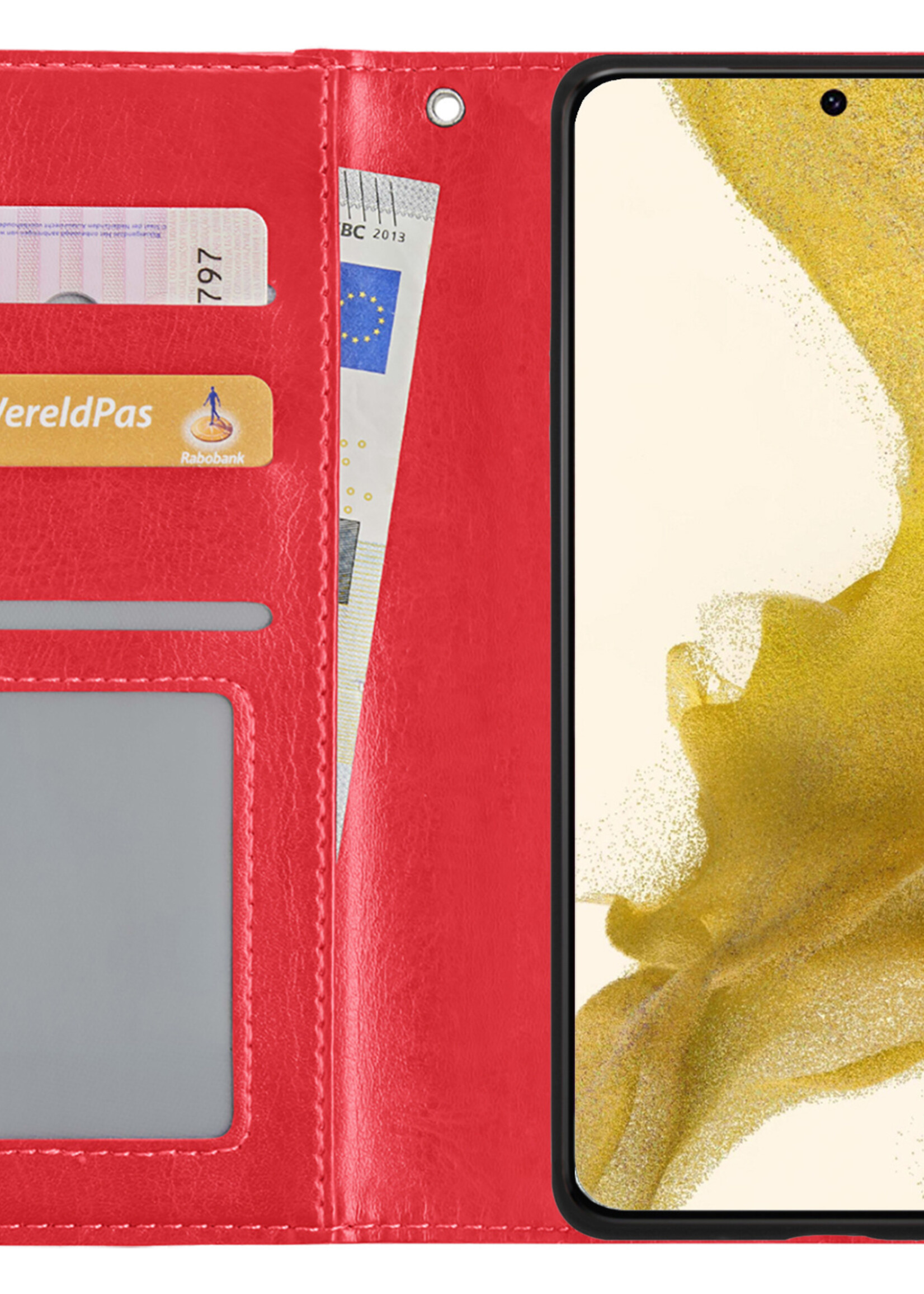 LUQ Hoesje Geschikt voor Samsung S22 Hoesje Book Case Hoes Wallet Cover Met Screenprotector - Hoes Geschikt voor Samsung Galaxy S22 Hoesje Bookcase Hoes - Rood