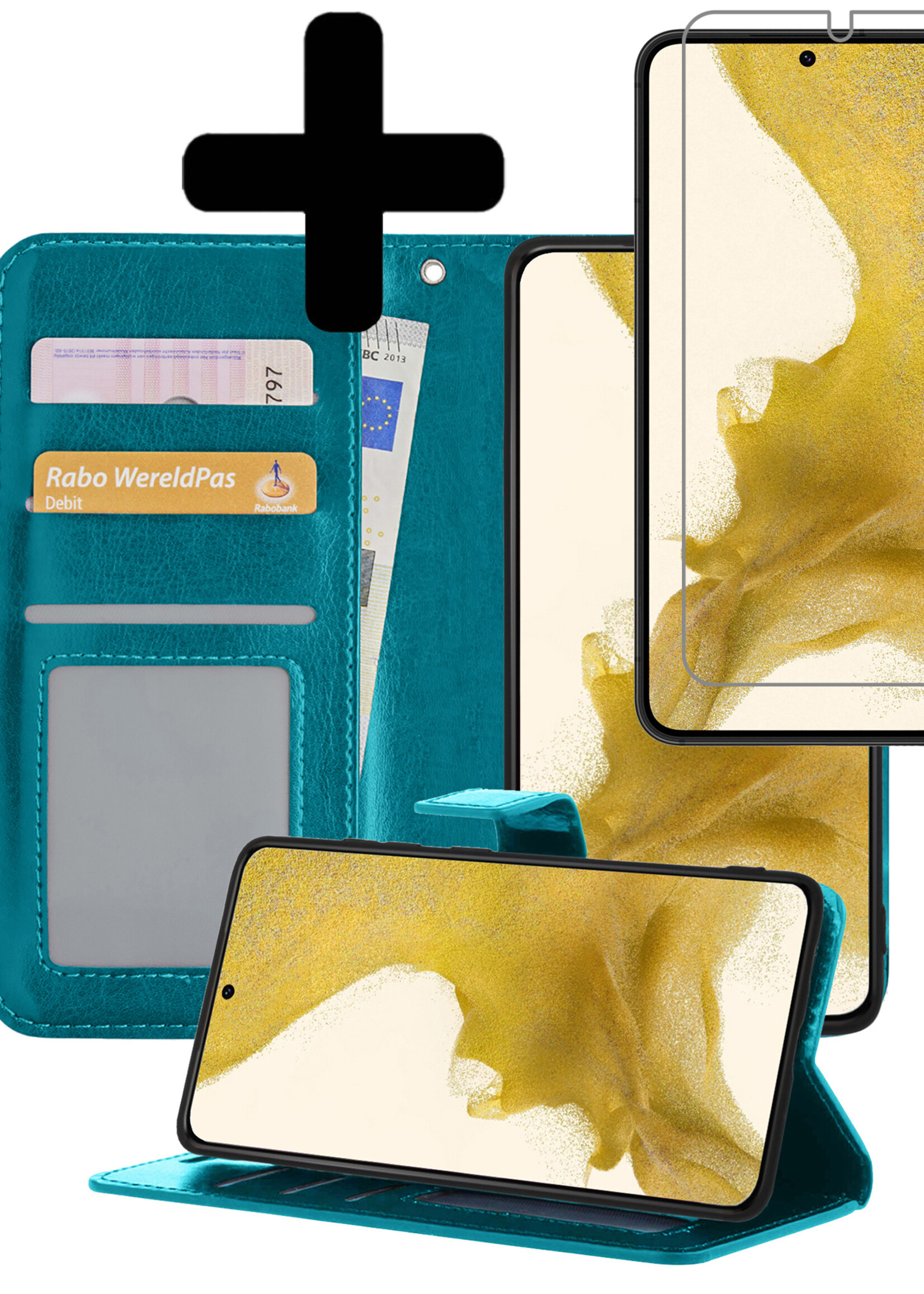LUQ Hoesje Geschikt voor Samsung S22 Hoesje Book Case Hoes Wallet Cover Met Screenprotector - Hoes Geschikt voor Samsung Galaxy S22 Hoesje Bookcase Hoes - Turquoise