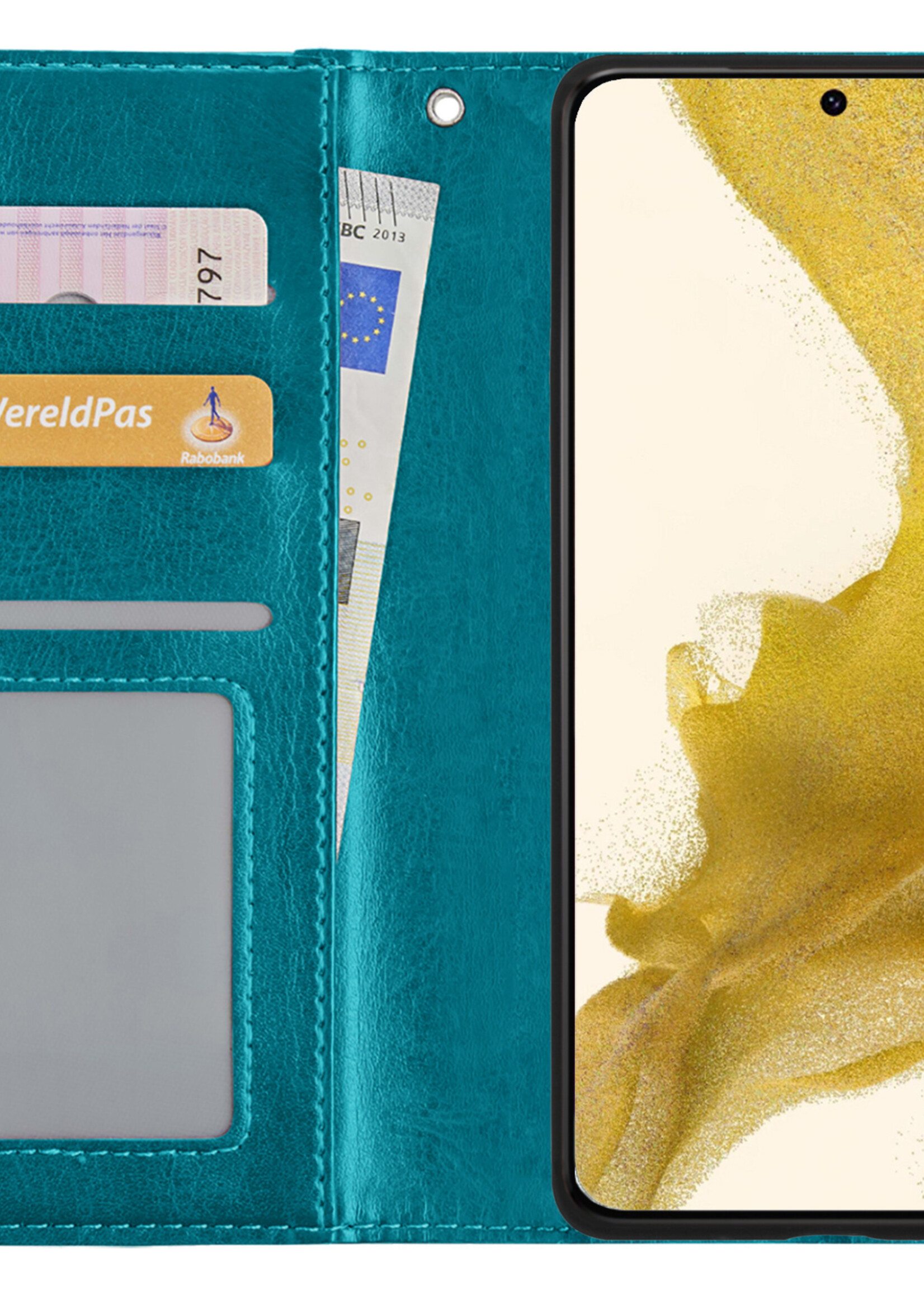 LUQ Hoesje Geschikt voor Samsung S22 Hoesje Book Case Hoes Wallet Cover Met Screenprotector - Hoes Geschikt voor Samsung Galaxy S22 Hoesje Bookcase Hoes - Turquoise