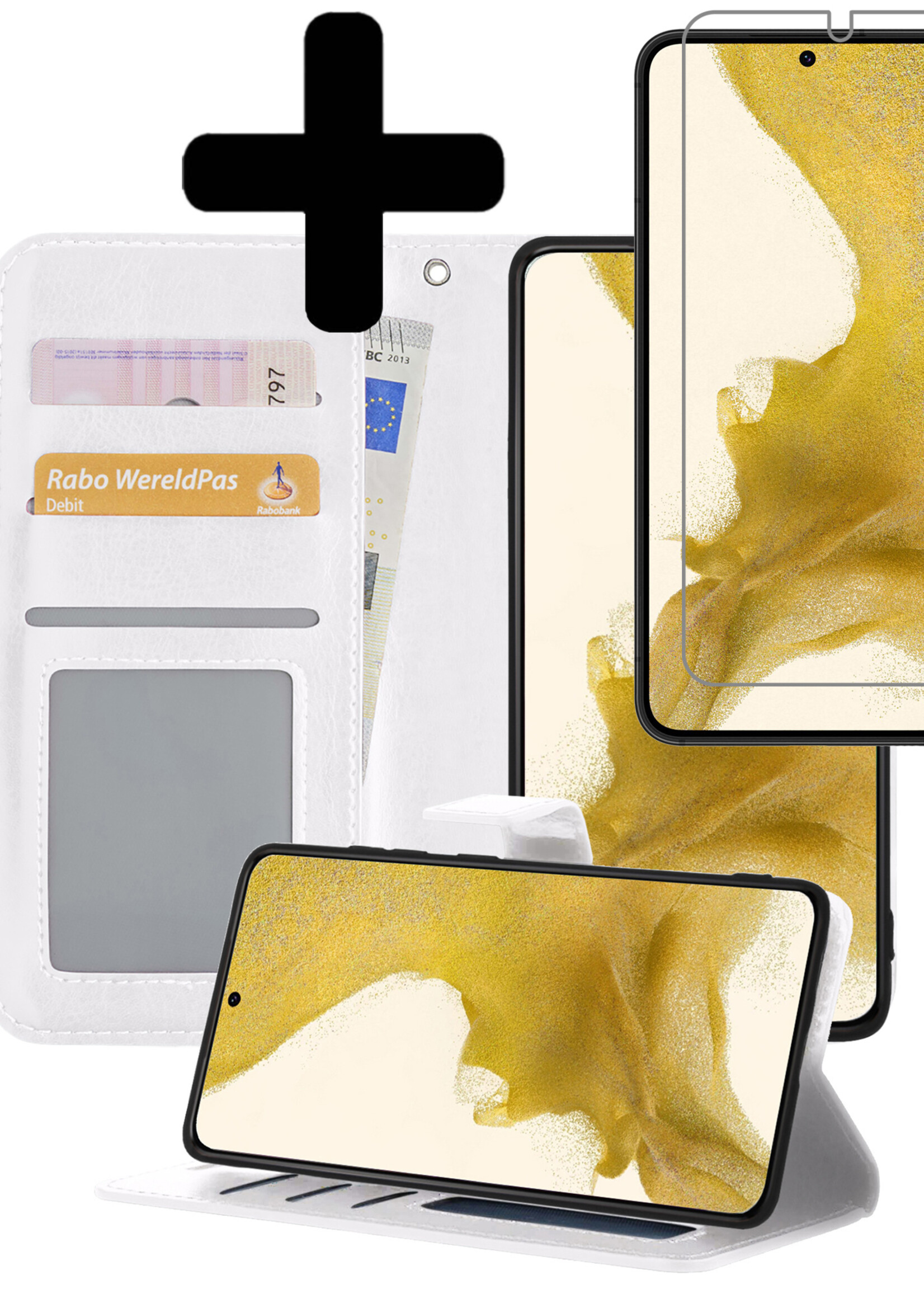 LUQ Hoesje Geschikt voor Samsung S22 Hoesje Book Case Hoes Wallet Cover Met Screenprotector - Hoes Geschikt voor Samsung Galaxy S22 Hoesje Bookcase Hoes - Wit