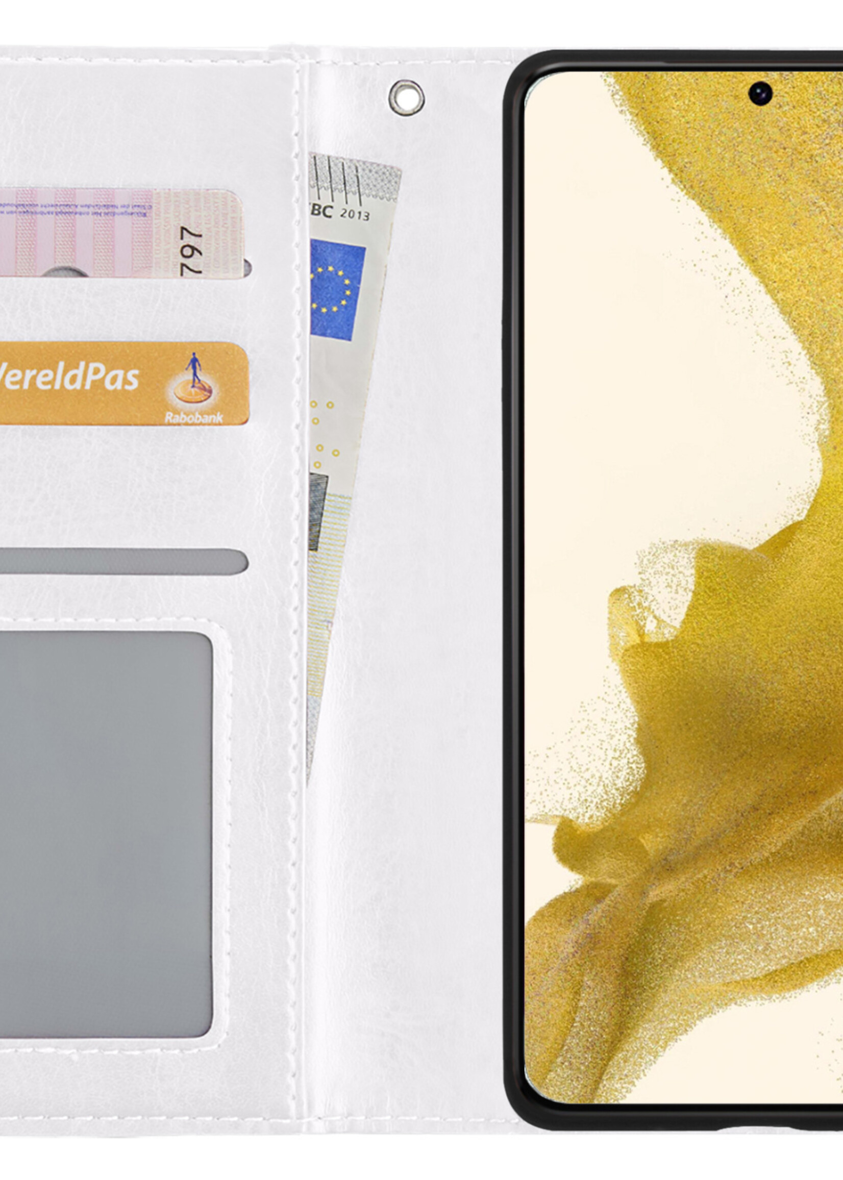 LUQ Hoesje Geschikt voor Samsung S22 Hoesje Book Case Hoes Wallet Cover Met Screenprotector - Hoes Geschikt voor Samsung Galaxy S22 Hoesje Bookcase Hoes - Wit