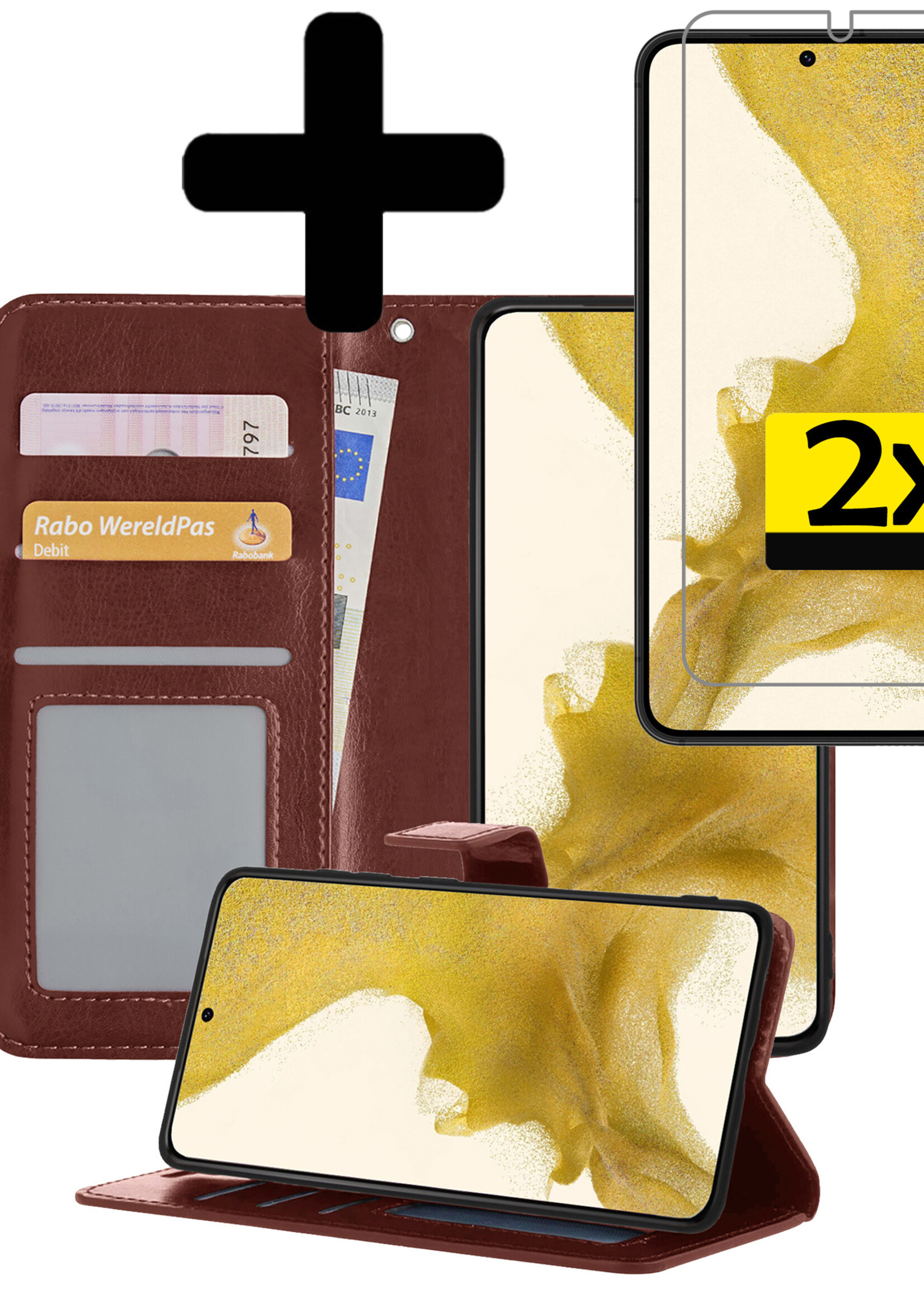 LUQ Hoesje Geschikt voor Samsung S22 Hoesje Book Case Hoes Wallet Cover Met 2x Screenprotector - Hoes Geschikt voor Samsung Galaxy S22 Hoesje Bookcase Hoes - Bruin