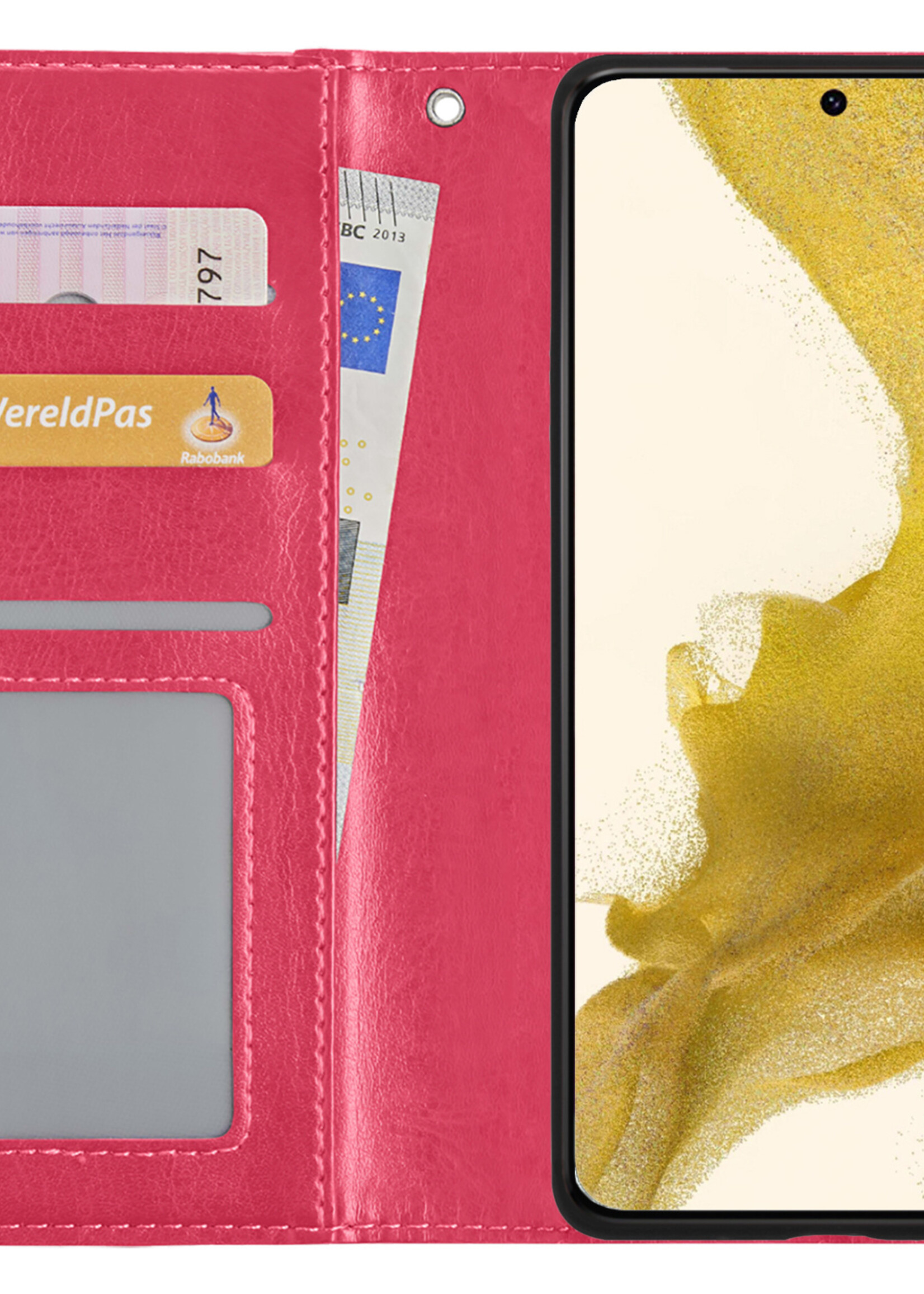 LUQ Hoesje Geschikt voor Samsung S22 Hoesje Book Case Hoes Wallet Cover Met 2x Screenprotector - Hoes Geschikt voor Samsung Galaxy S22 Hoesje Bookcase Hoes - Donkerroze