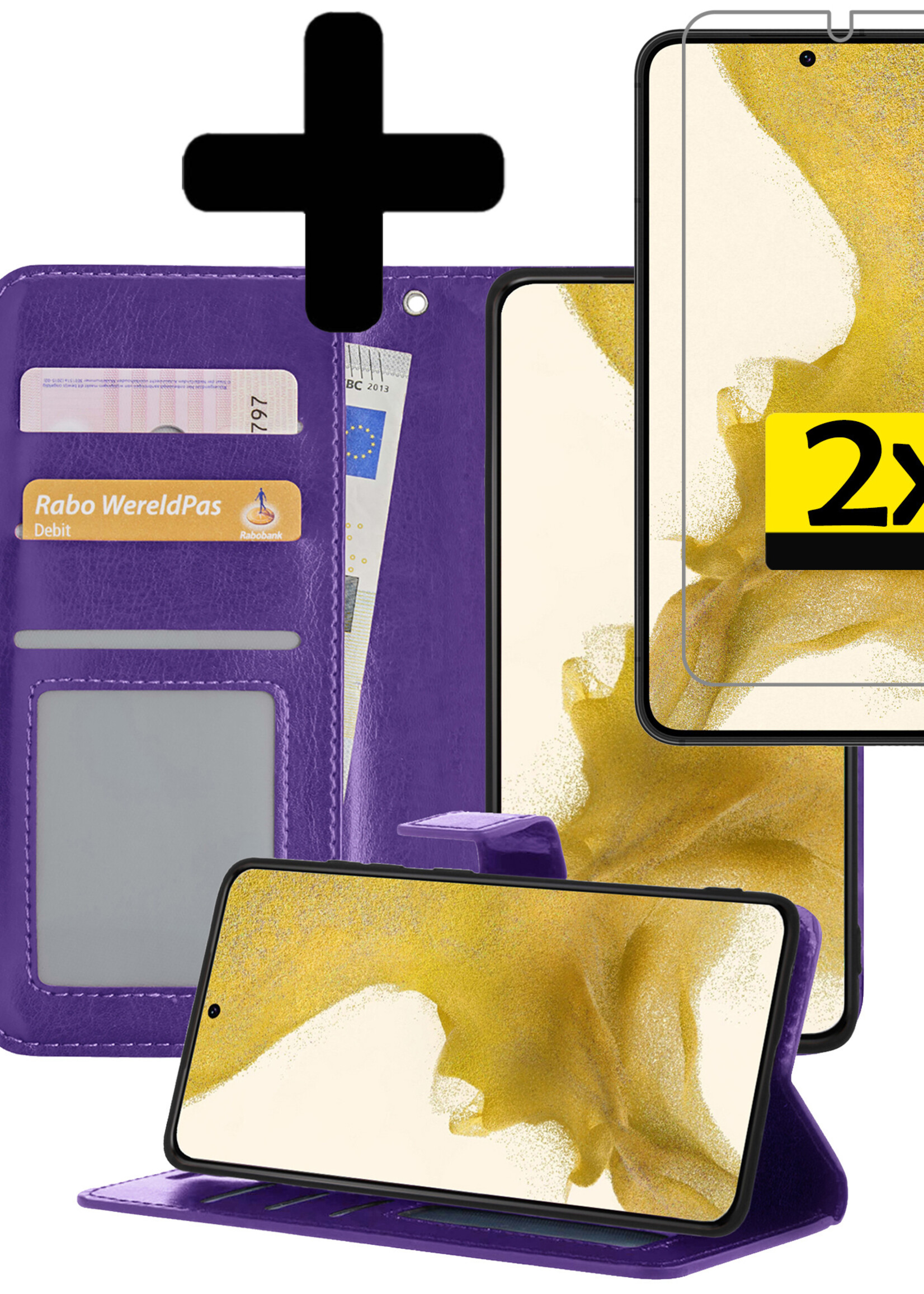LUQ Hoesje Geschikt voor Samsung S22 Hoesje Book Case Hoes Wallet Cover Met 2x Screenprotector - Hoes Geschikt voor Samsung Galaxy S22 Hoesje Bookcase Hoes - Paars