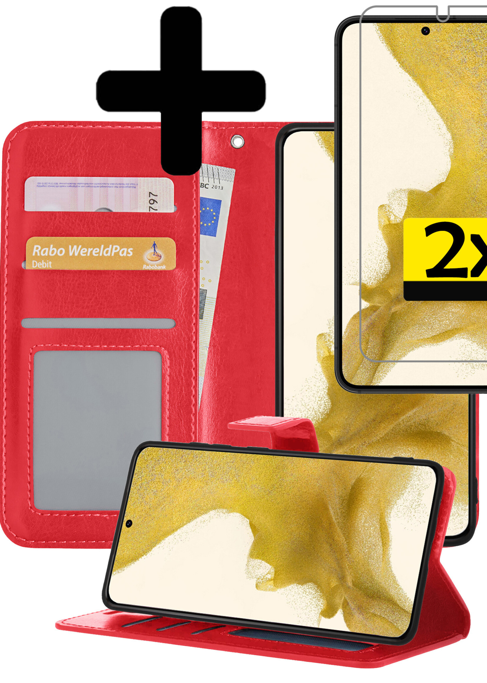 LUQ Hoesje Geschikt voor Samsung S22 Hoesje Book Case Hoes Wallet Cover Met 2x Screenprotector - Hoes Geschikt voor Samsung Galaxy S22 Hoesje Bookcase Hoes - Rood
