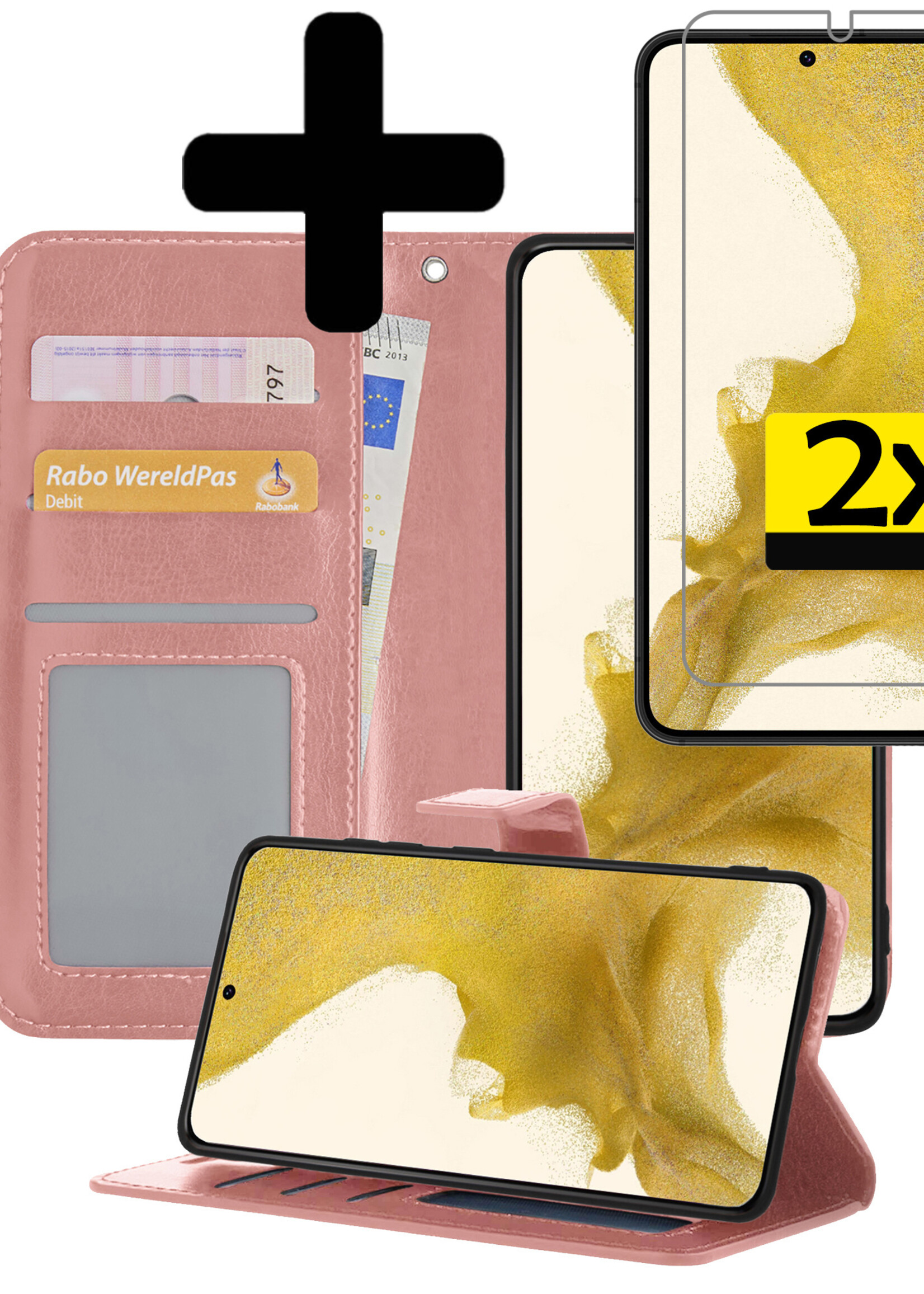 Hoesje Geschikt voor Samsung S22 Hoesje Book Case Hoes Wallet Cover Met 2x Screenprotector - Hoes Geschikt voor Samsung Galaxy S22 Hoesje Bookcase Hoes - Rosé goud
