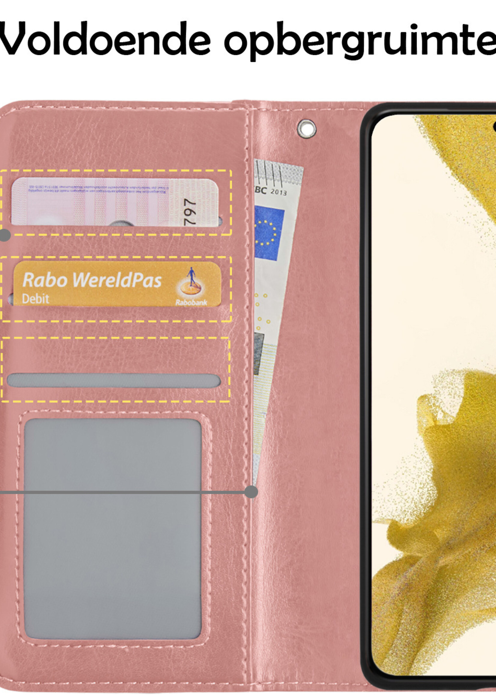 LUQ Hoesje Geschikt voor Samsung S22 Hoesje Book Case Hoes Wallet Cover Met 2x Screenprotector - Hoes Geschikt voor Samsung Galaxy S22 Hoesje Bookcase Hoes - Rosé goud