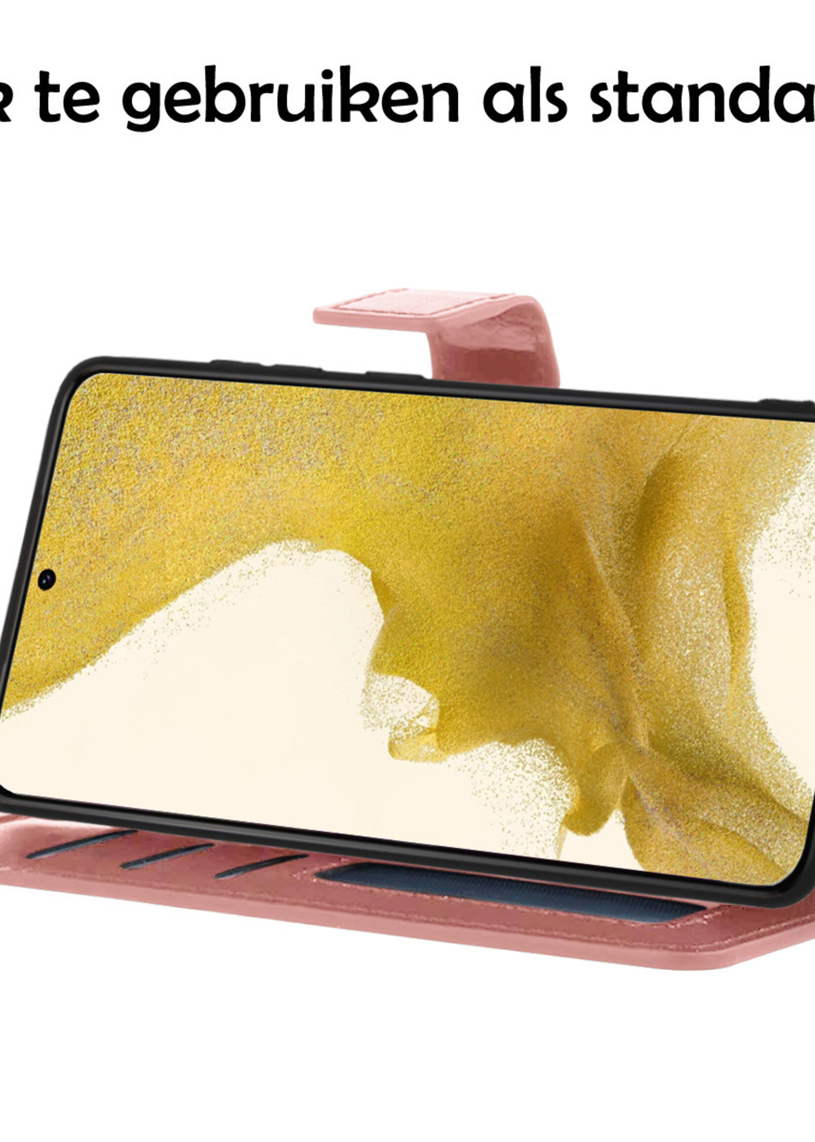 Hoesje Geschikt voor Samsung S22 Hoesje Book Case Hoes Wallet Cover Met 2x Screenprotector - Hoes Geschikt voor Samsung Galaxy S22 Hoesje Bookcase Hoes - Rosé goud