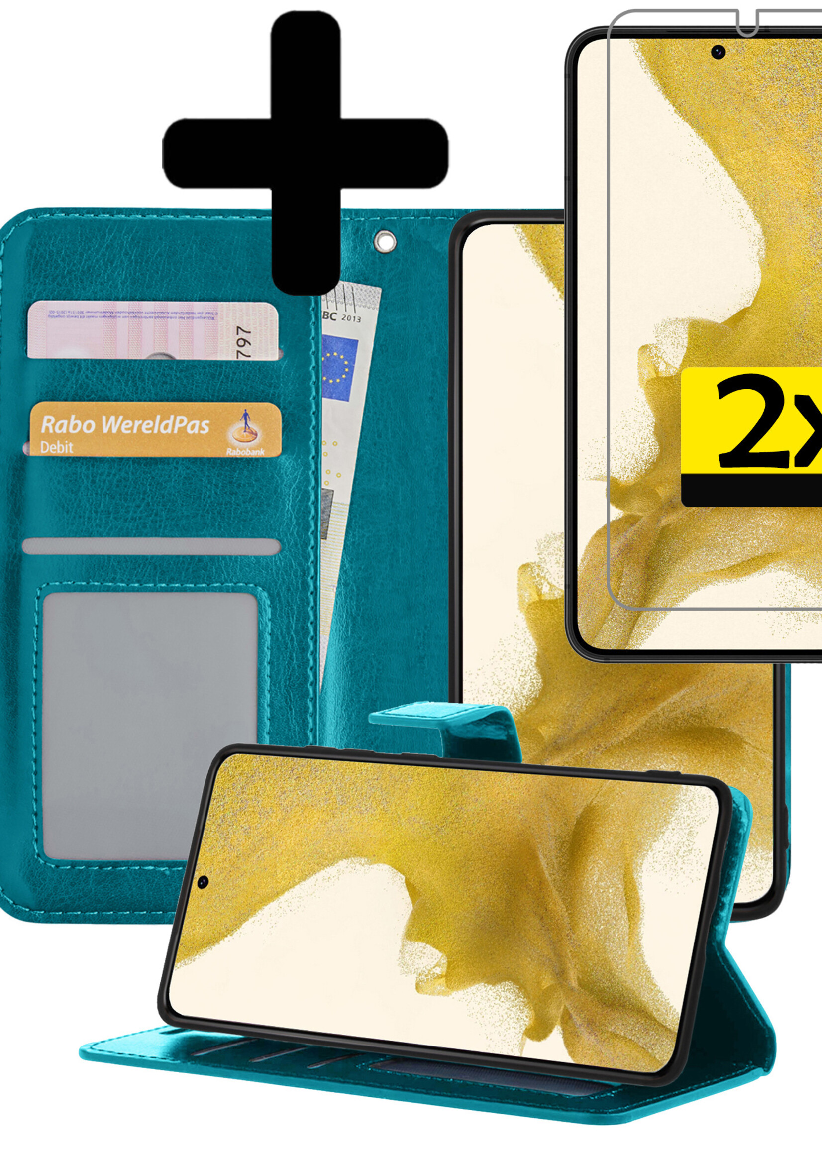 LUQ Hoesje Geschikt voor Samsung S22 Hoesje Book Case Hoes Wallet Cover Met 2x Screenprotector - Hoes Geschikt voor Samsung Galaxy S22 Hoesje Bookcase Hoes - Turquoise
