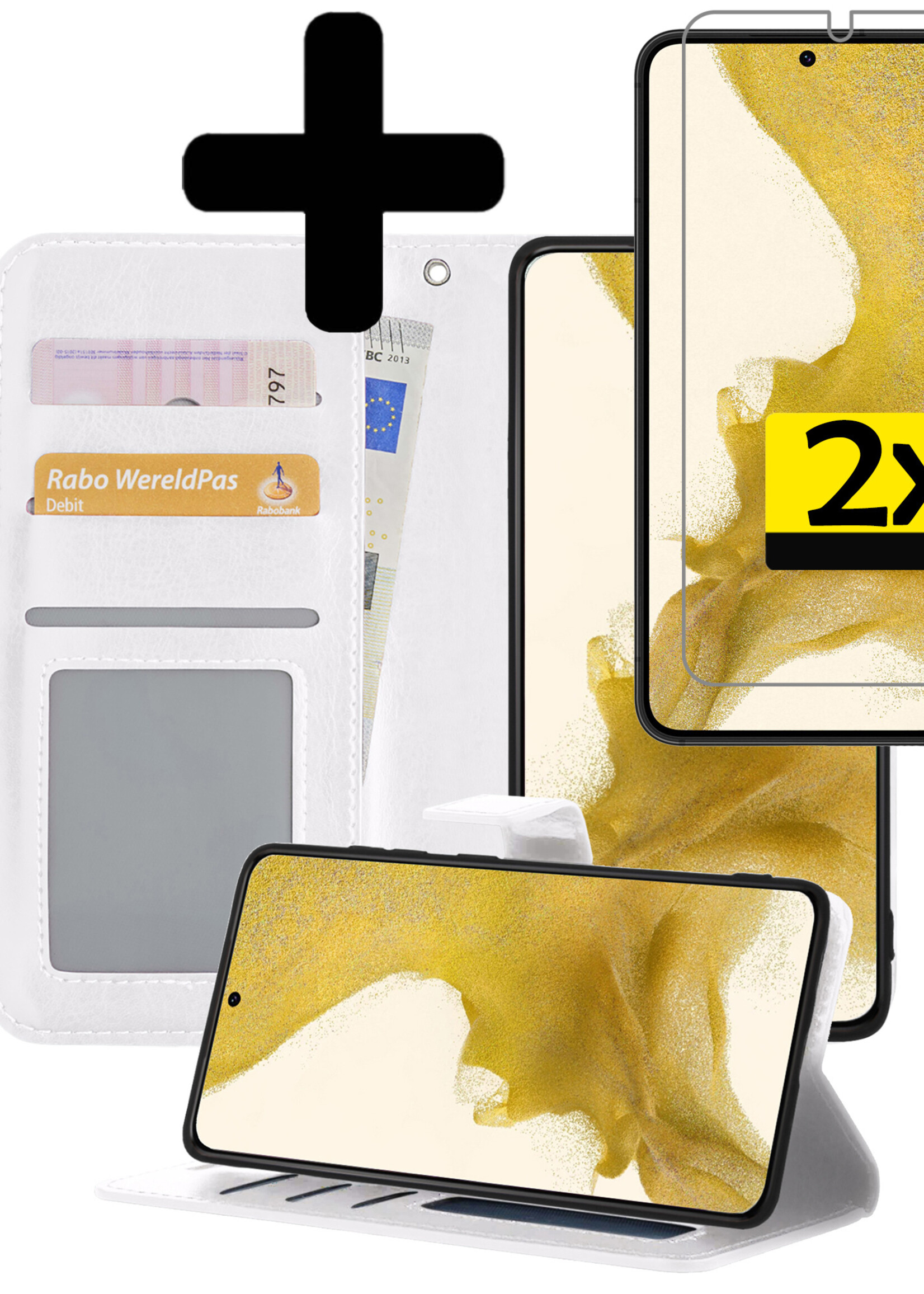 LUQ Hoesje Geschikt voor Samsung S22 Hoesje Book Case Hoes Wallet Cover Met 2x Screenprotector - Hoes Geschikt voor Samsung Galaxy S22 Hoesje Bookcase Hoes - Wit