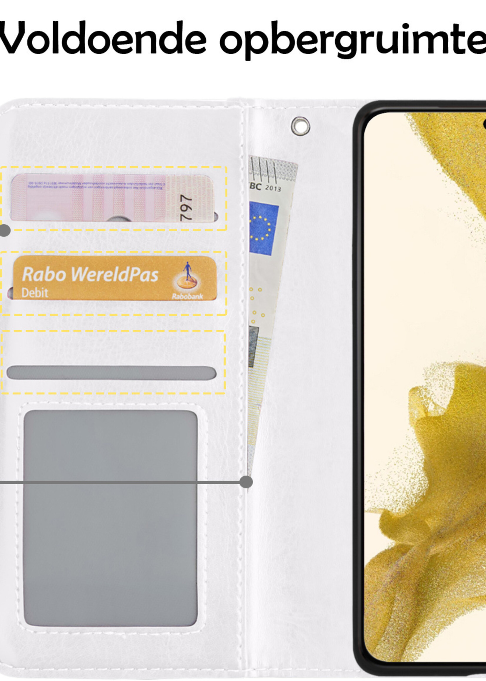 LUQ Hoesje Geschikt voor Samsung S22 Hoesje Book Case Hoes Wallet Cover Met 2x Screenprotector - Hoes Geschikt voor Samsung Galaxy S22 Hoesje Bookcase Hoes - Wit