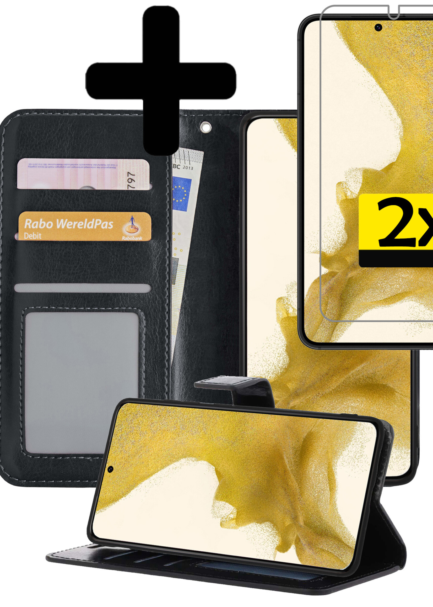 Hoesje Geschikt voor Samsung S22 Hoesje Book Case Hoes Wallet Cover Met 2x Screenprotector - Hoes Geschikt voor Samsung Galaxy S22 Hoesje Bookcase Hoes - Zwart
