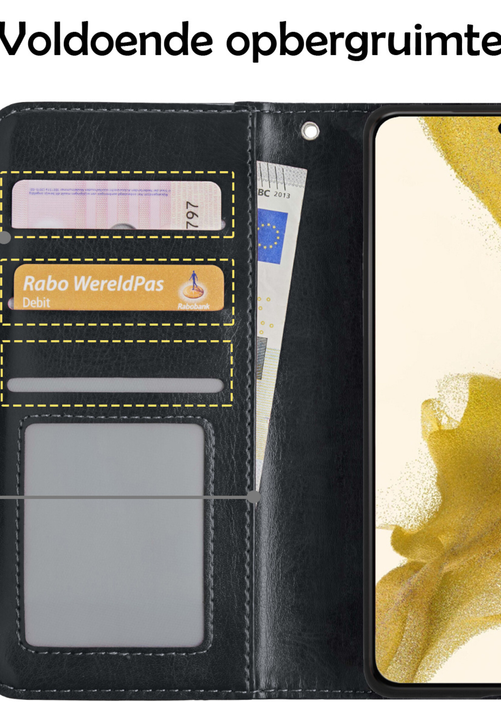 Hoesje Geschikt voor Samsung S22 Hoesje Book Case Hoes Wallet Cover Met 2x Screenprotector - Hoes Geschikt voor Samsung Galaxy S22 Hoesje Bookcase Hoes - Zwart