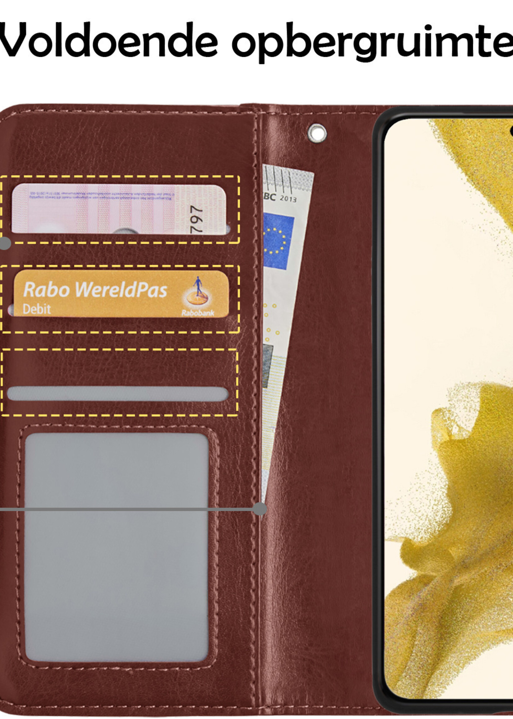 LUQ Hoesje Geschikt voor Samsung S22 Plus Hoesje Book Case Hoes Wallet Cover Met Screenprotector - Hoes Geschikt voor Samsung Galaxy S22 Plus Hoesje Bookcase Hoes - Bruin