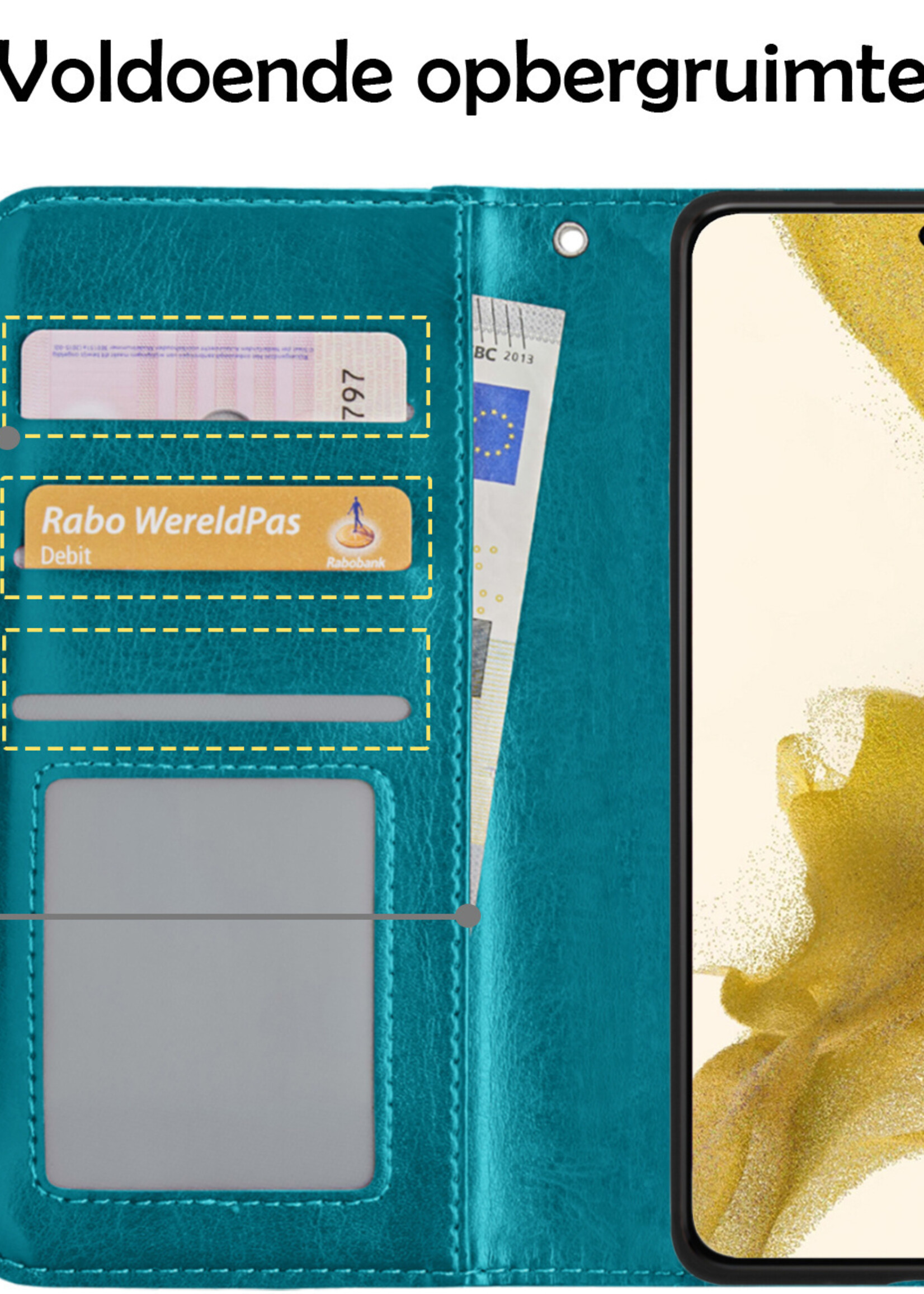 LUQ Hoesje Geschikt voor Samsung S22 Plus Hoesje Book Case Hoes Wallet Cover Met 2x Screenprotector - Hoes Geschikt voor Samsung Galaxy S22 Plus Hoesje Bookcase Hoes - Turquoise