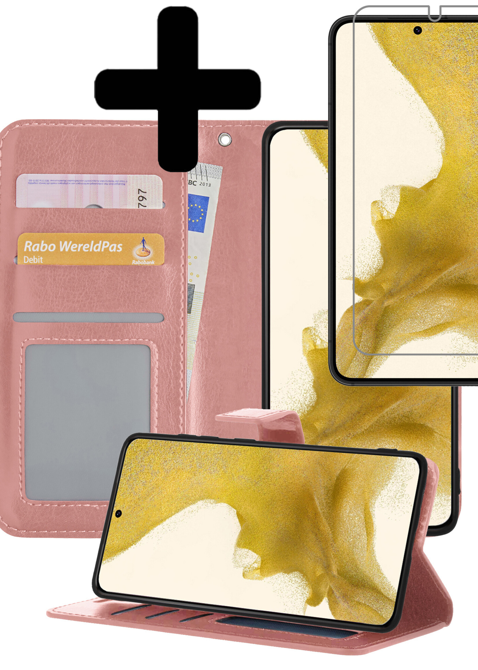 LUQ Hoesje Geschikt voor Samsung S22 Ultra Hoesje Book Case Hoes Wallet Cover Met Screenprotector - Hoes Geschikt voor Samsung Galaxy S22 Ultra Hoesje Bookcase Hoes - Rosé goud