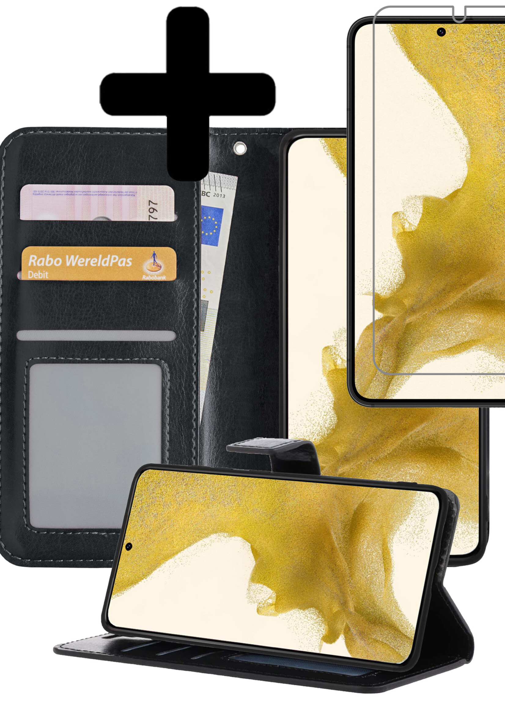 LUQ Hoesje Geschikt voor Samsung S22 Ultra Hoesje Book Case Hoes Wallet Cover Met Screenprotector - Hoes Geschikt voor Samsung Galaxy S22 Ultra Hoesje Bookcase Hoes - Zwart