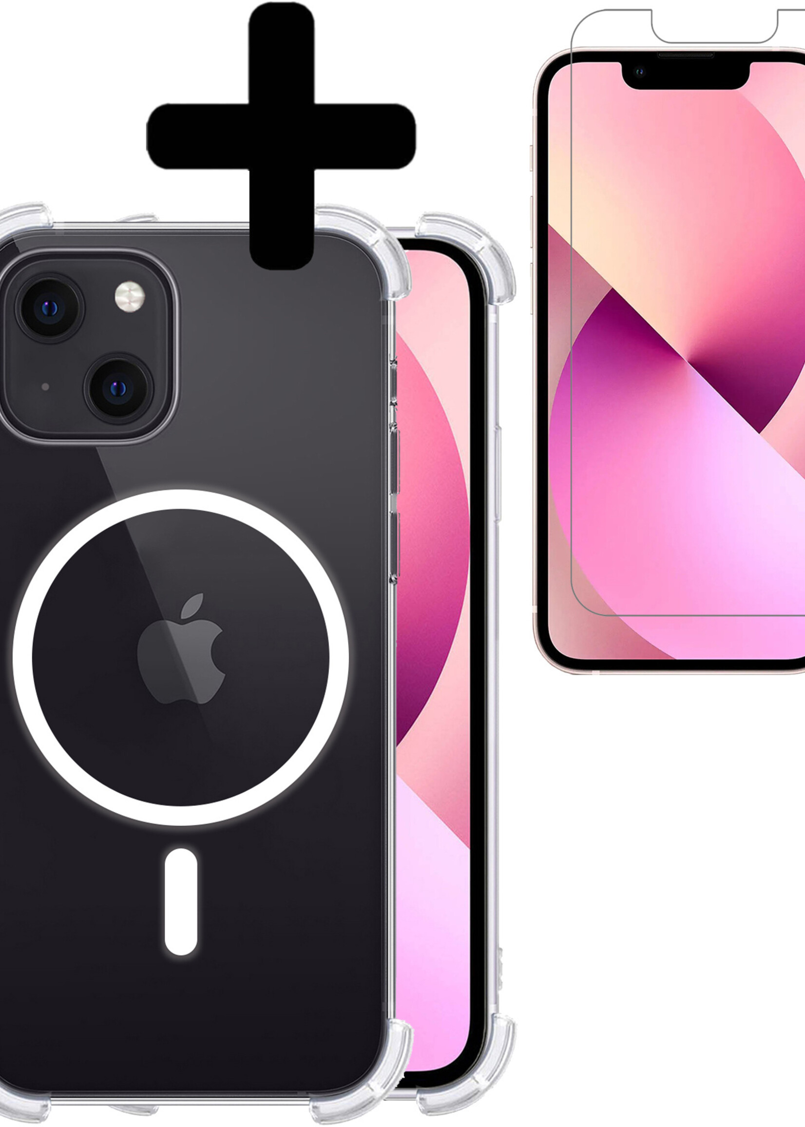 LUQ Hoesje Geschikt voor iPhone 13 Mini Hoesje Geschikt voor Magsafe Siliconen Shock Proof Case Met Screenprotector - Transparant