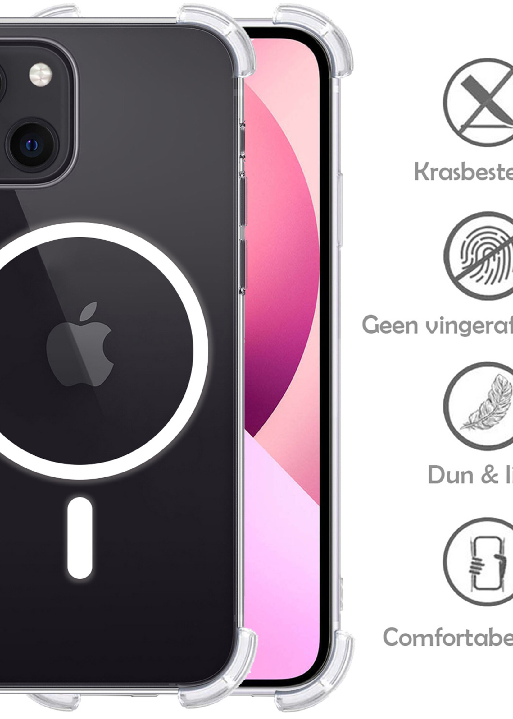 LUQ Hoesje Geschikt voor iPhone 13 Mini Hoesje Geschikt voor Magsafe Siliconen Shock Proof Case Met Screenprotector - Transparant