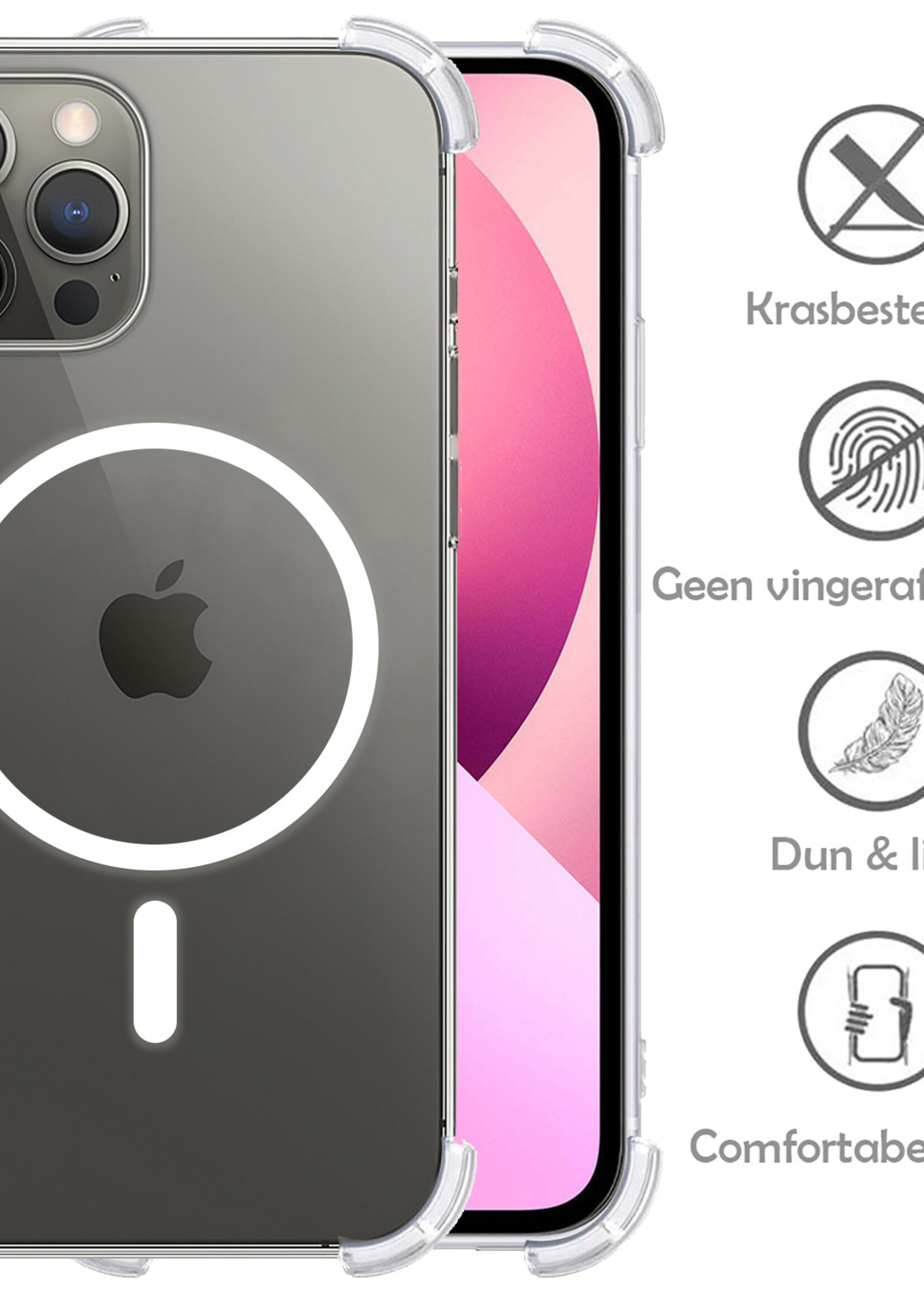 LUQ Hoesje Geschikt voor iPhone 13 Pro Hoesje Geschikt voor Magsafe Siliconen Shock Proof Case Met Screenprotector - Transparant