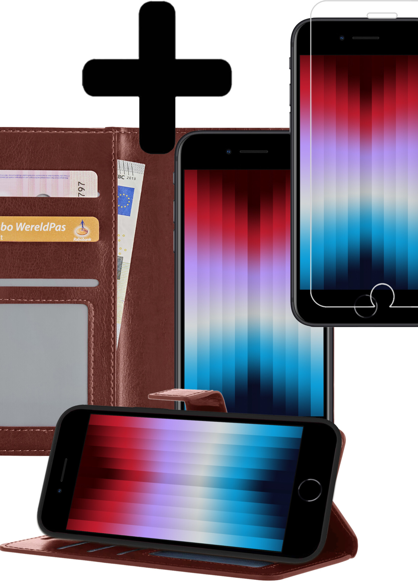 LUQ Hoesje Geschikt voor iPhone SE 2022 Hoesje Book Case Hoes Wallet Cover Met Screenprotector - Hoes Geschikt voor iPhone SE (2022) Hoesje Bookcase Hoes - Bruin