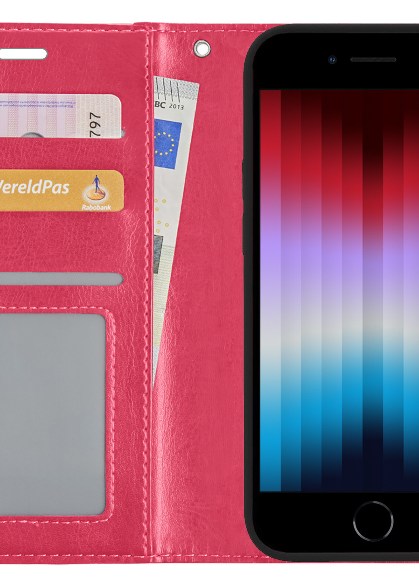 LUQ Hoesje Geschikt voor iPhone SE 2022 Hoesje Book Case Hoes Wallet Cover Met Screenprotector - Hoes Geschikt voor iPhone SE (2022) Hoesje Bookcase Hoes - Donkerroze