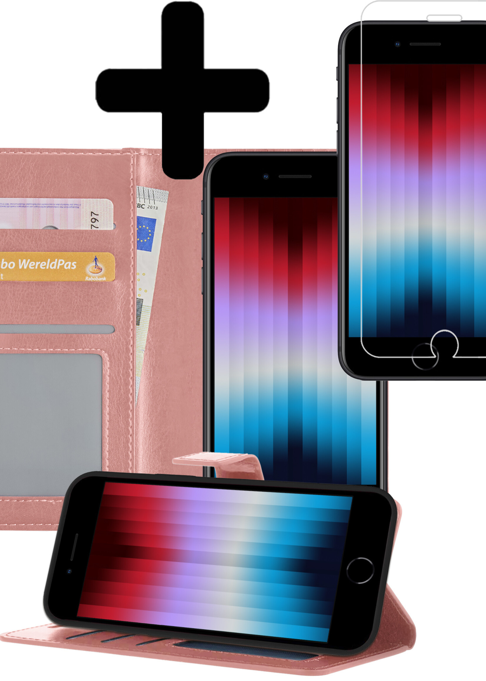 LUQ Hoesje Geschikt voor iPhone SE 2022 Hoesje Book Case Hoes Wallet Cover Met Screenprotector - Hoes Geschikt voor iPhone SE (2022) Hoesje Bookcase Hoes - Lichtroze