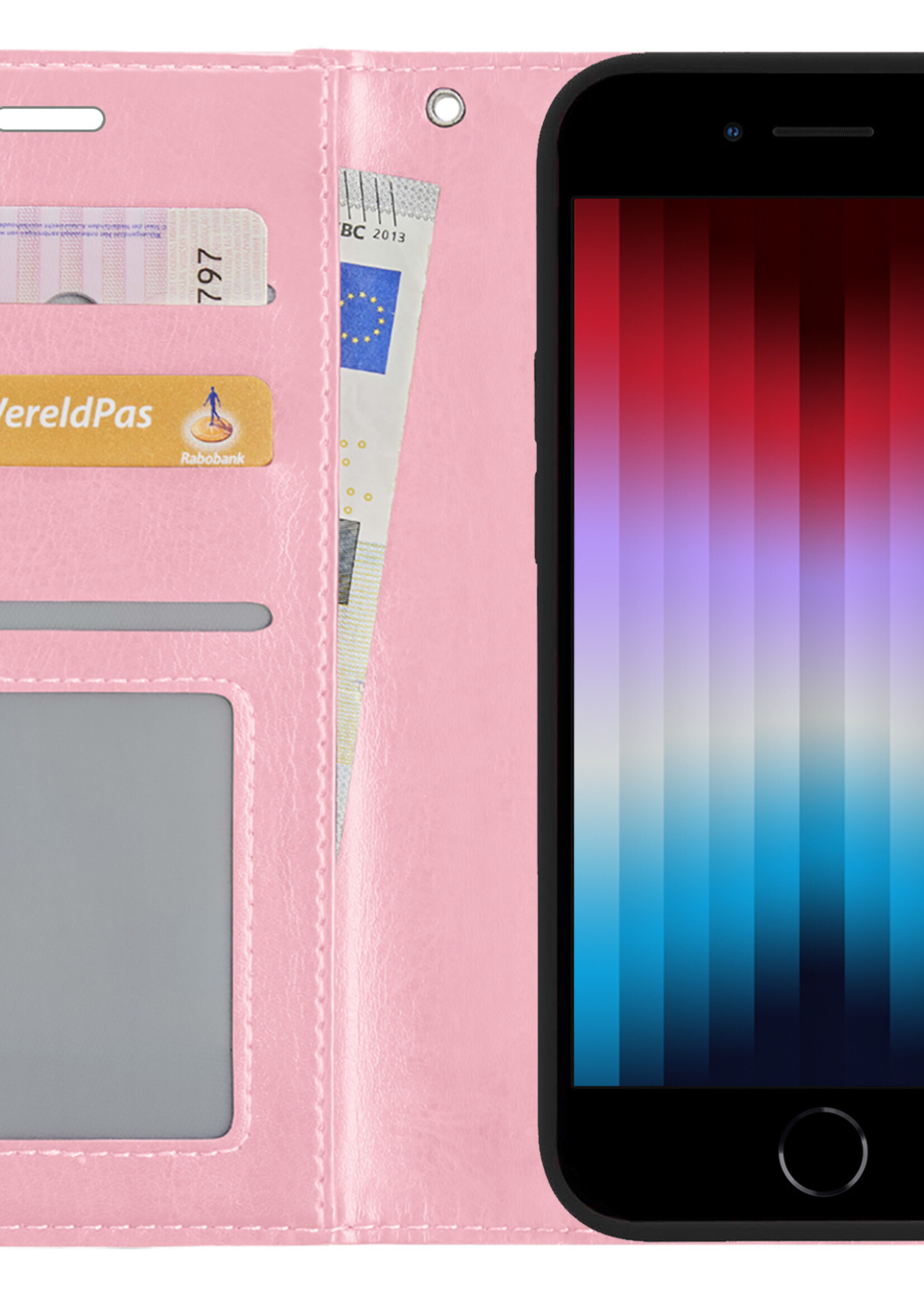 LUQ Hoesje Geschikt voor iPhone SE 2022 Hoesje Book Case Hoes Wallet Cover Met Screenprotector - Hoes Geschikt voor iPhone SE (2022) Hoesje Bookcase Hoes - Lichtroze